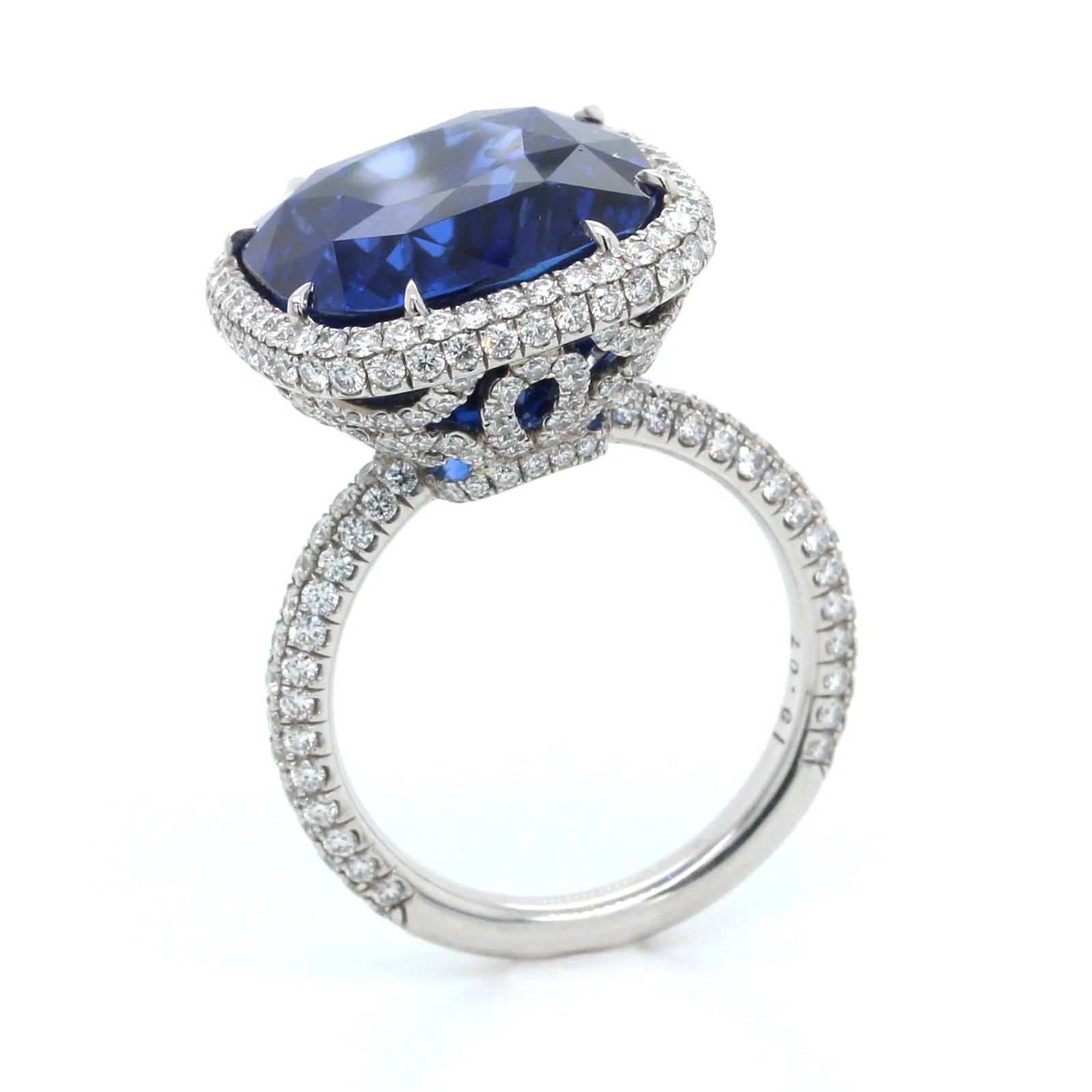 Platinum Cushion Cut Sapphire and Diamond Halo Ring - Image 3