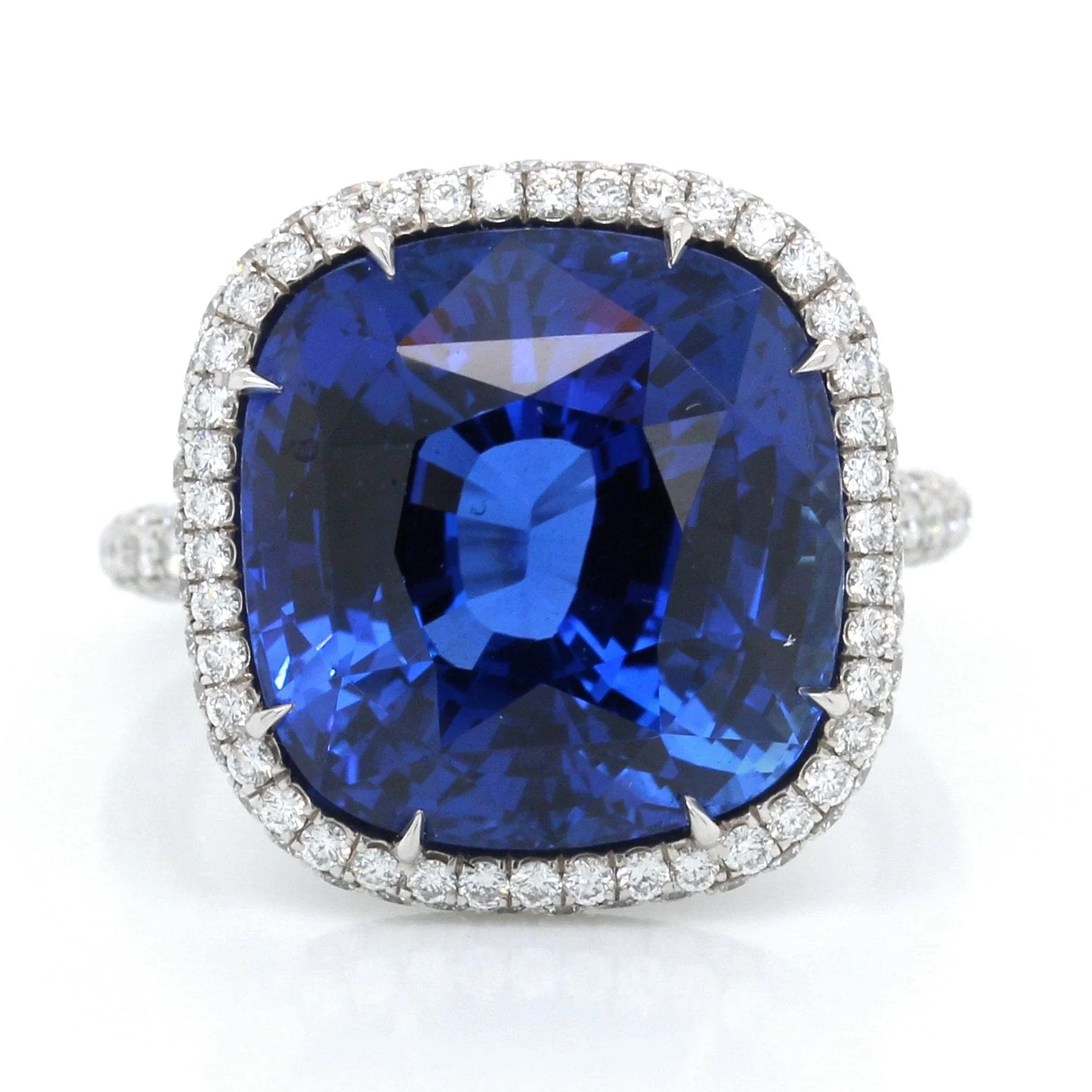 Platinum Cushion Cut Sapphire and Diamond Halo Ring - Image 5