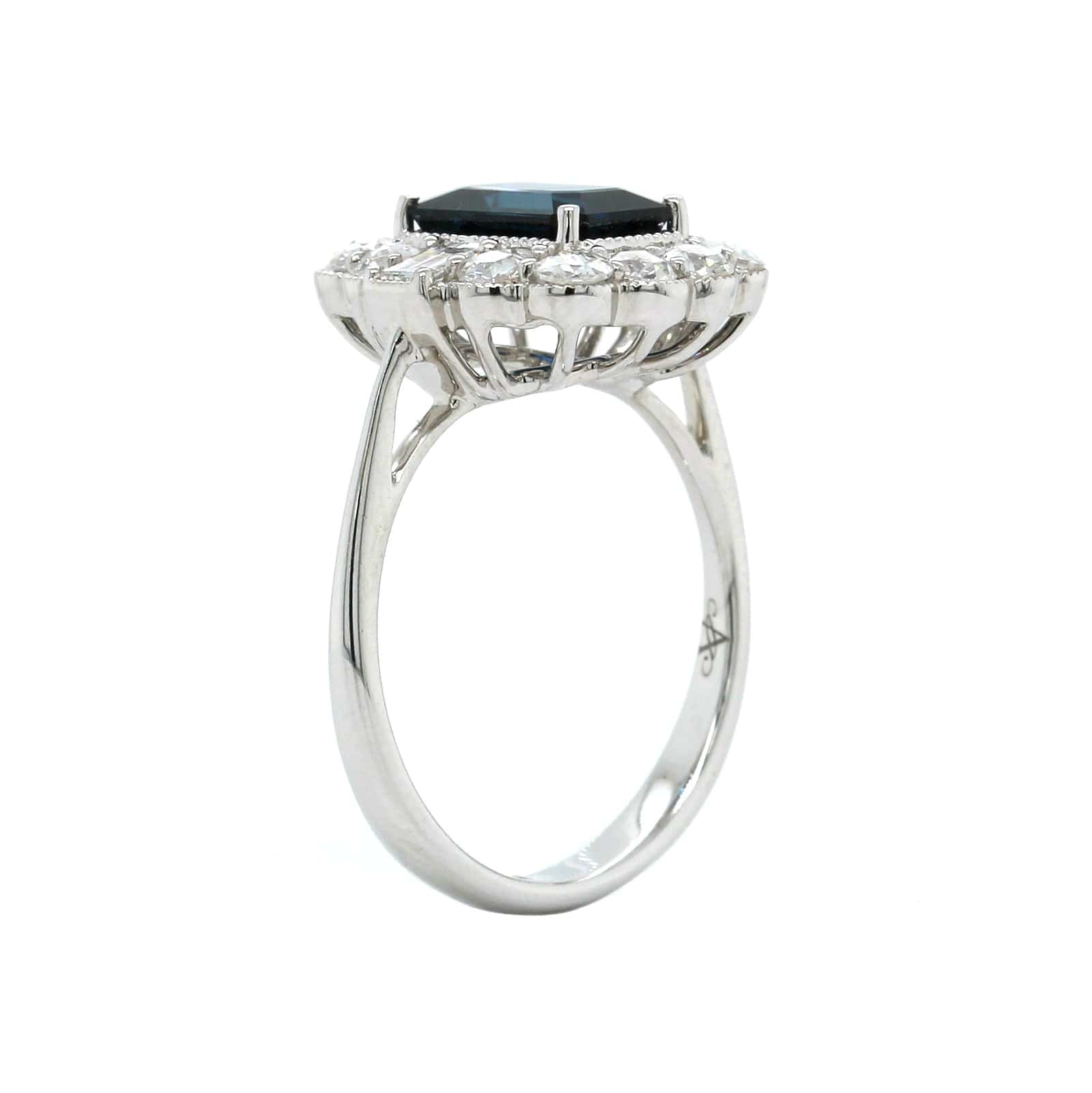 18K White Gold Emerald Cut Sapphire Diamond Halo Ring - Image 2