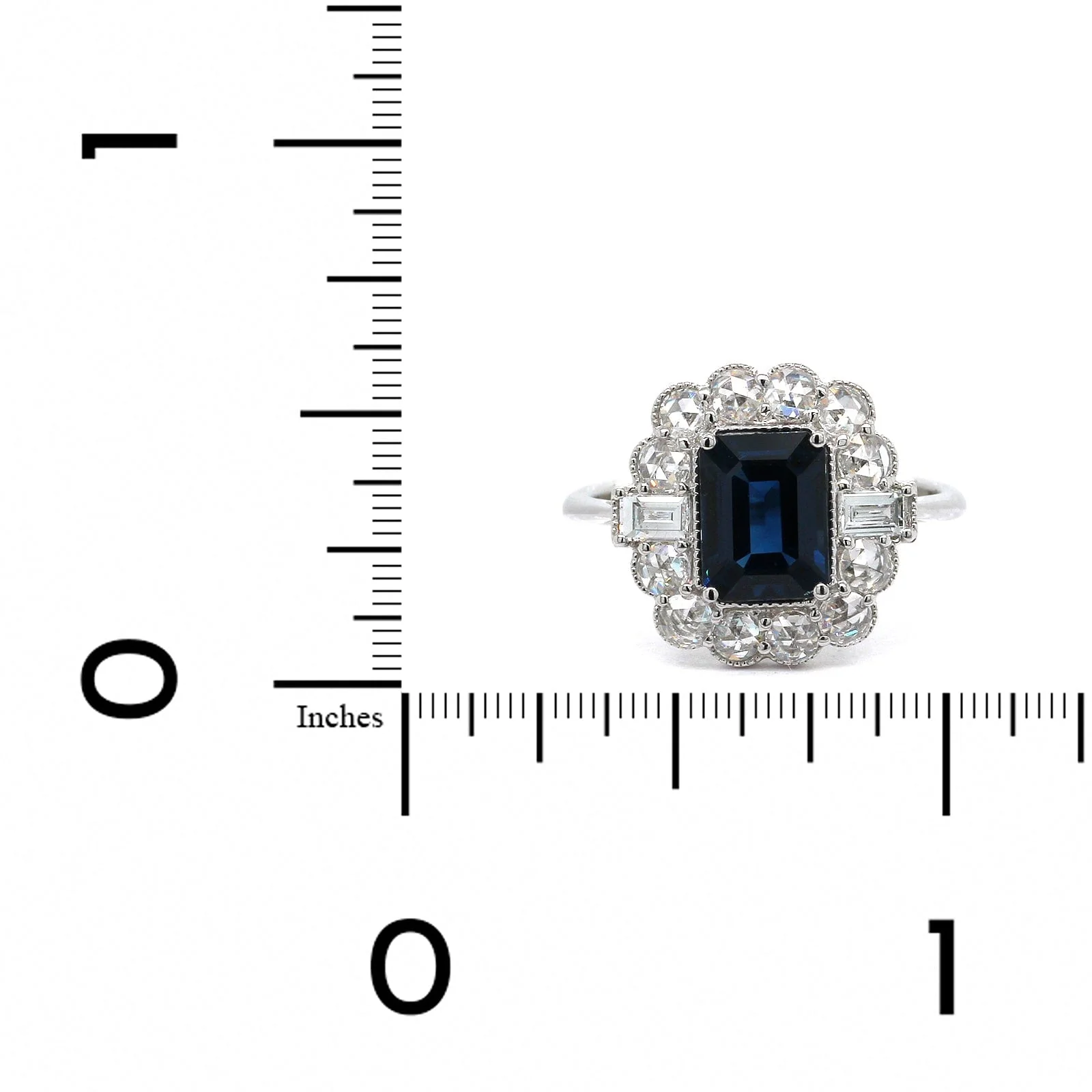 18K White Gold Emerald Cut Sapphire Diamond Halo Ring - Image 3