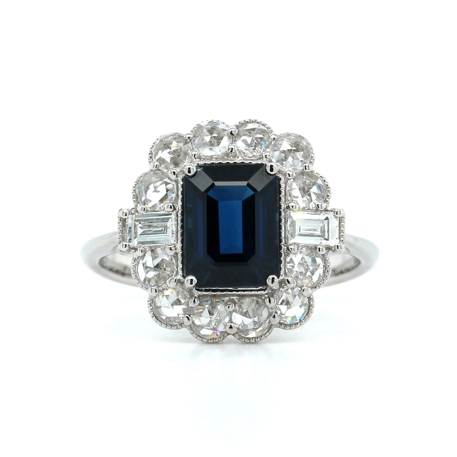 18K White Gold Emerald Cut Sapphire Diamond Halo Ring - Image 4