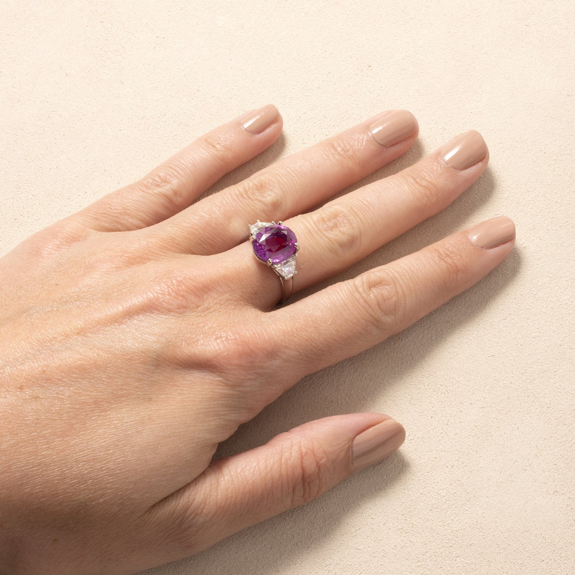 Oscar Heyman Platinum Pink Sapphire and Diamond Three Stone Ring - Image 2