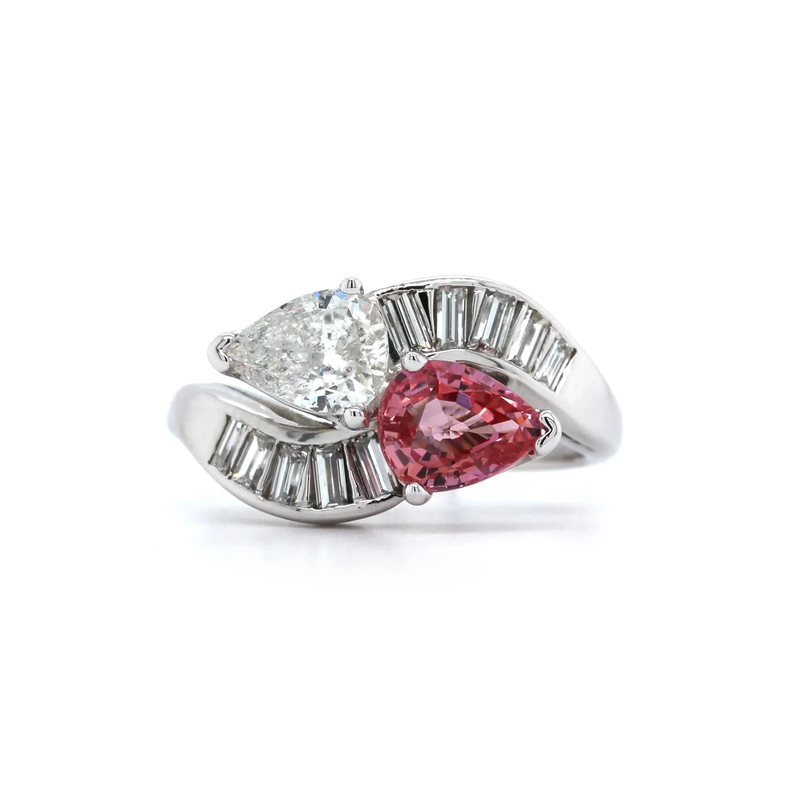 14K White Gold Pear Shaped Diamond and Padparadscha Ring