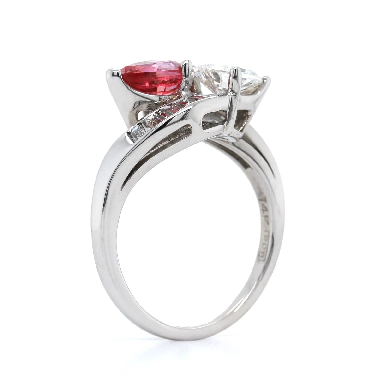 14K White Gold Pear Shaped Diamond and Padparadscha Ring - Image 2
