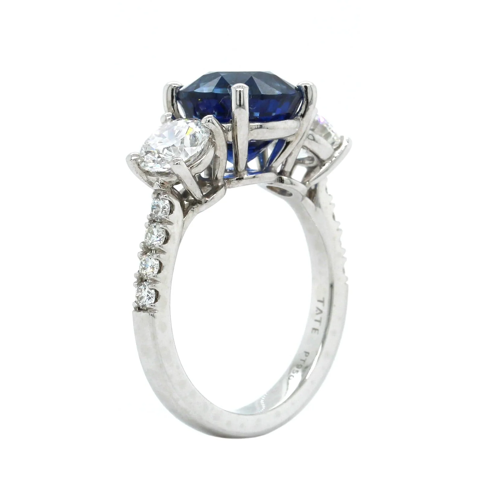 Platinum Round Sapphire Diamond 3 Stone Ring - Image 3