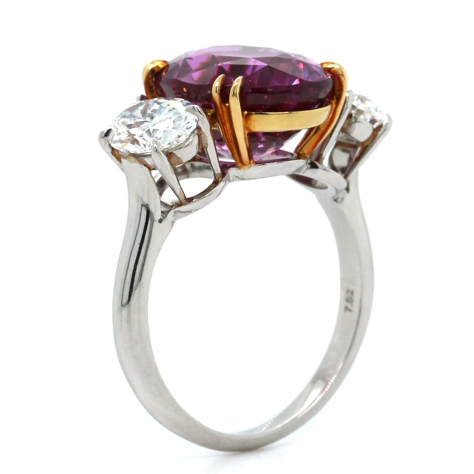 Platinum Oval Pink Sapphire and Diamond 3 Stone Ring - Image 2