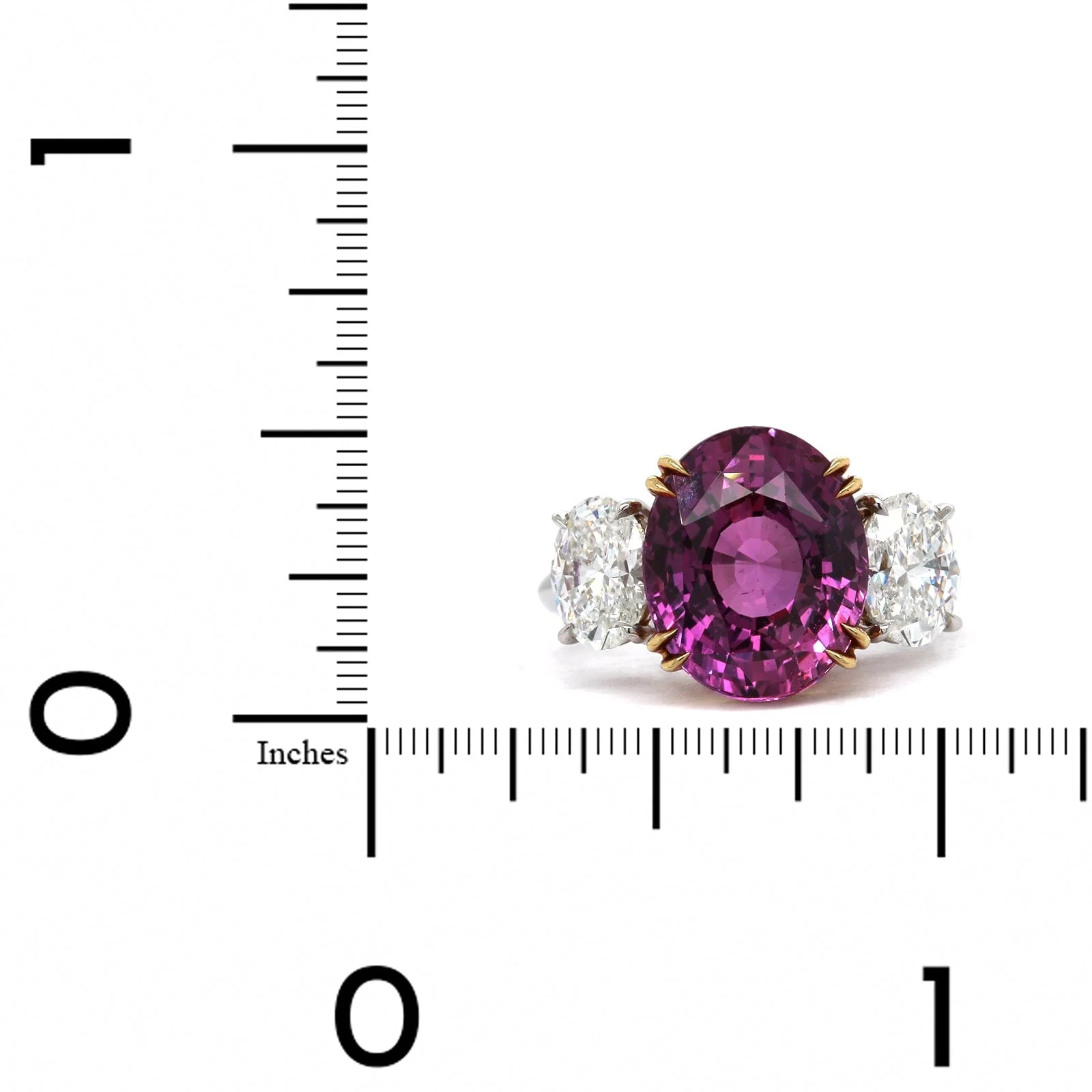 Platinum Oval Pink Sapphire and Diamond 3 Stone Ring - Image 3