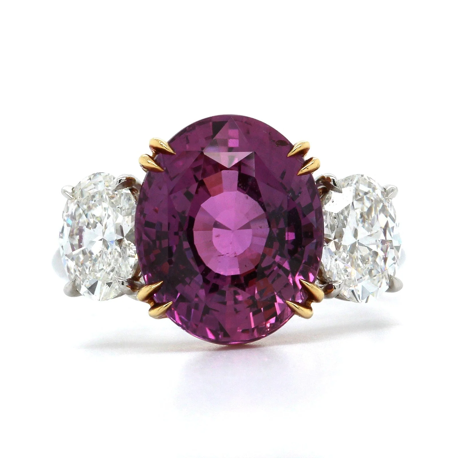 Platinum Oval Pink Sapphire and Diamond 3 Stone Ring - Image 4
