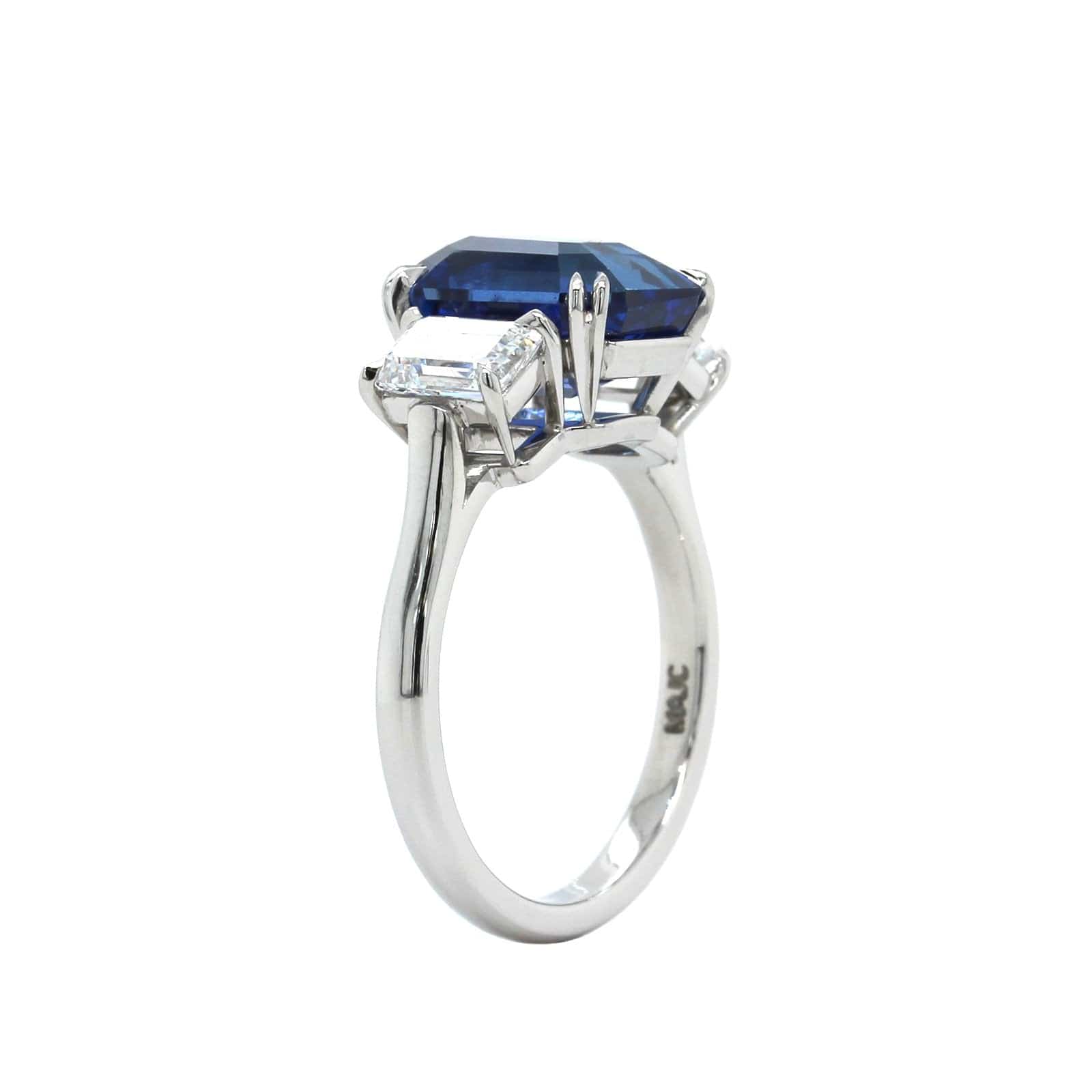 Platinum Emerald Cut Sapphire and Diamond 3 Stone Ring - Image 2
