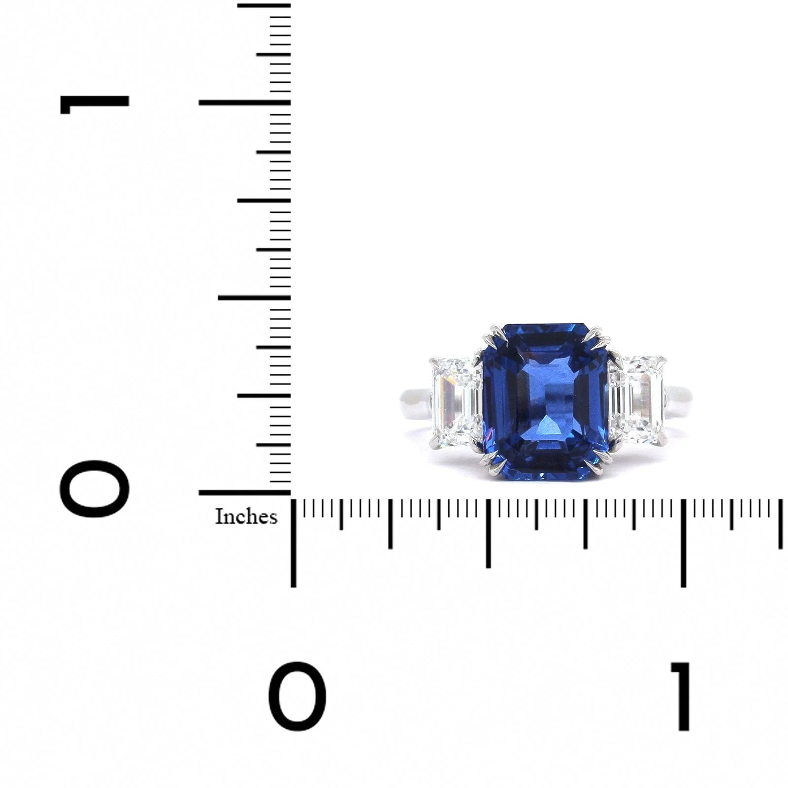 Platinum Emerald Cut Sapphire and Diamond 3 Stone Ring - Image 3