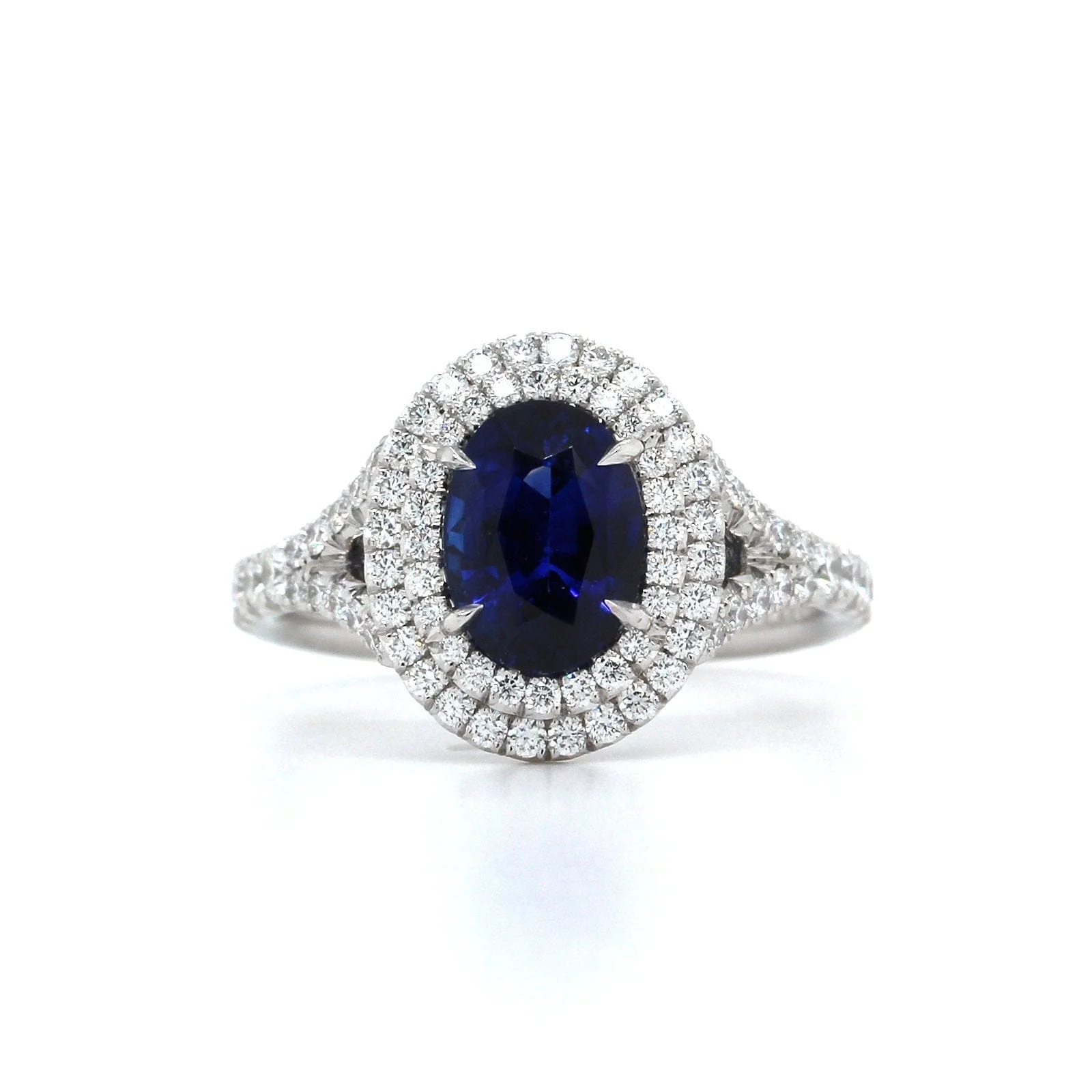 Platinum Oval Sapphire Double Diamond Halo Ring