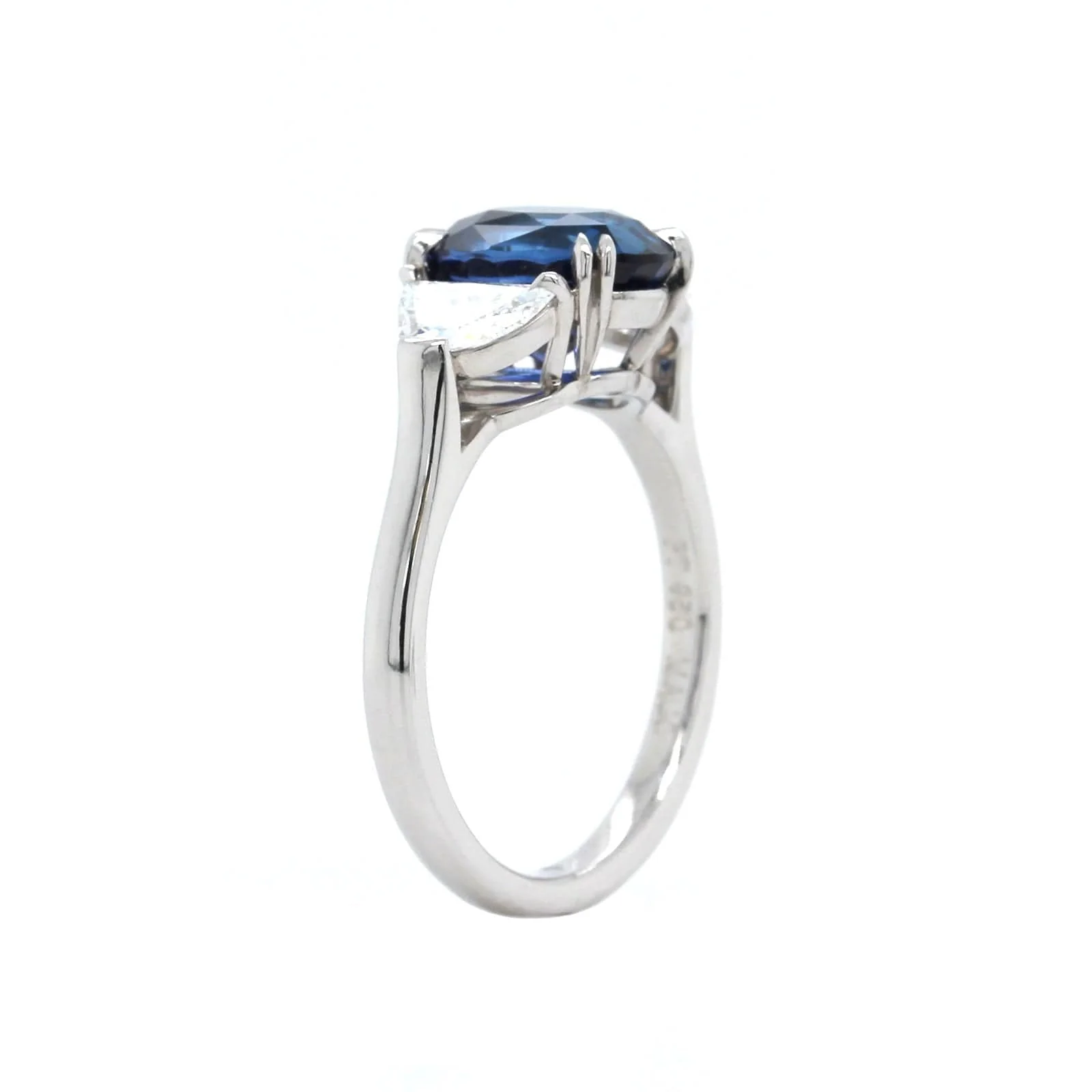 Platinum Oval Sapphire and Half Moon Diamond 3 Stone Ring - Image 2