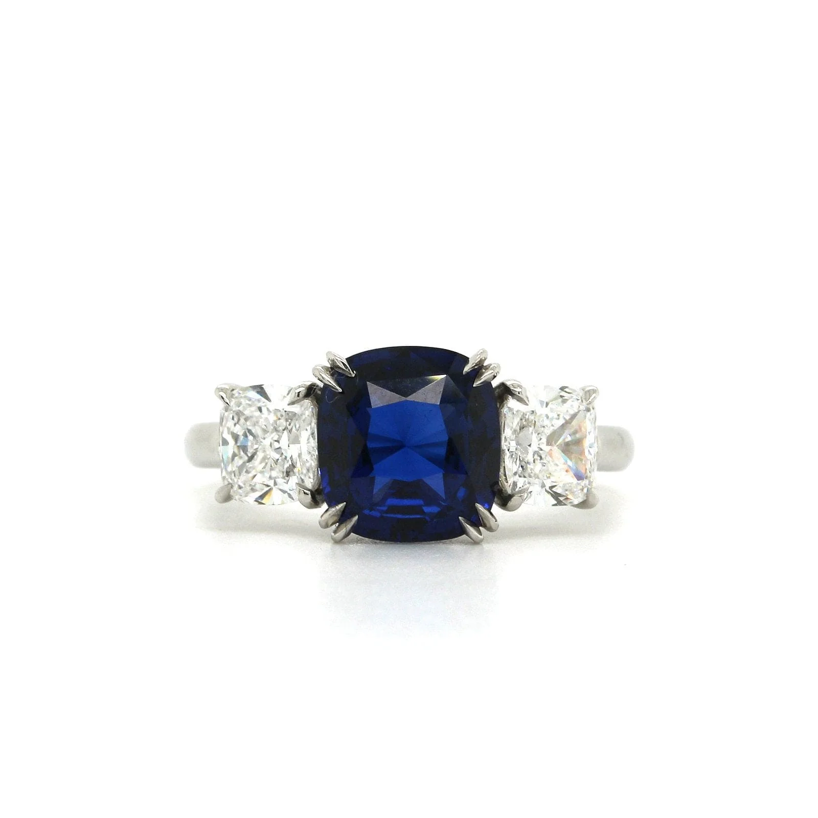 Platinum Cushion Sapphire Diamond 3 Stone Ring