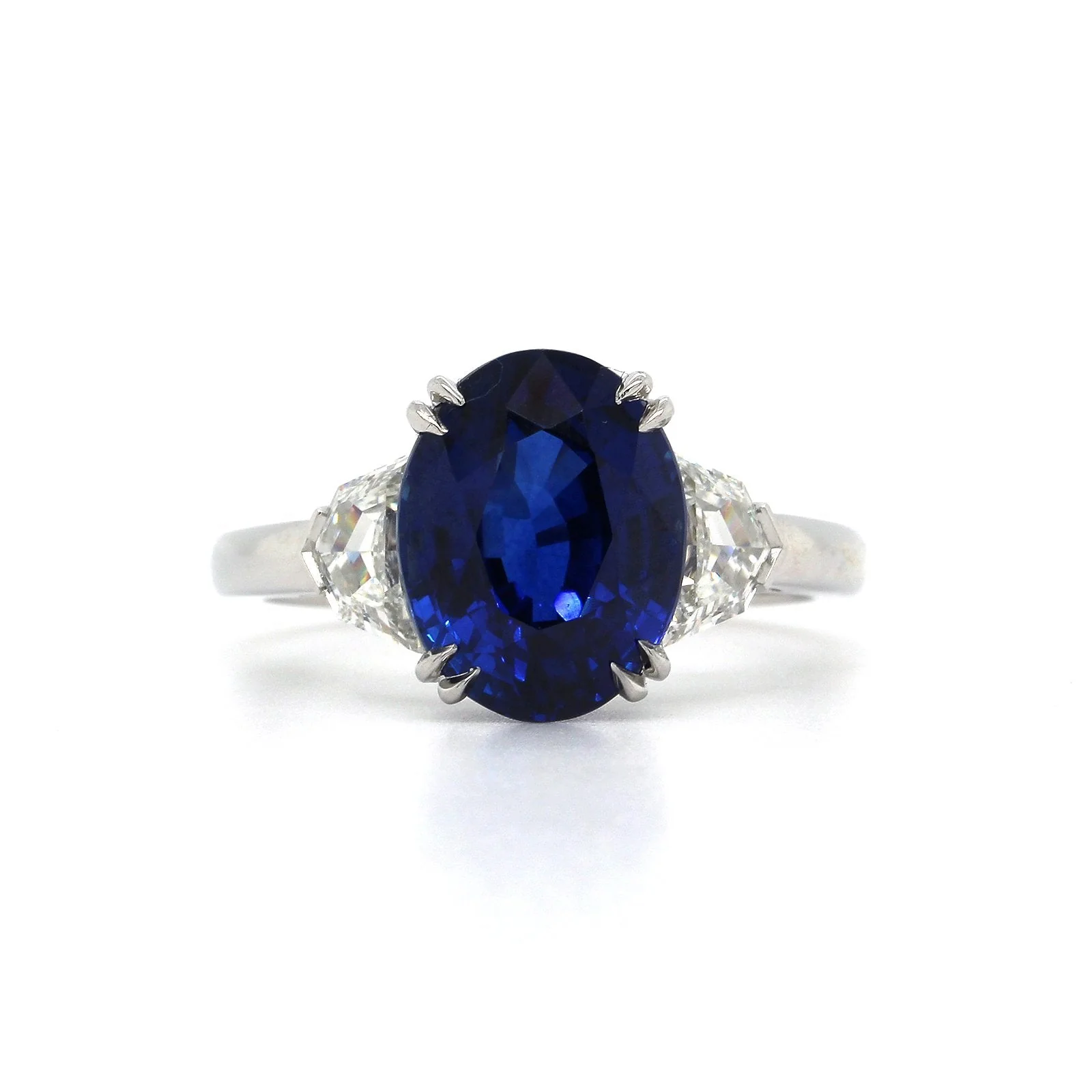 Platinum Oval Sapphire and Half Moon Diamond 3 Stone Ring