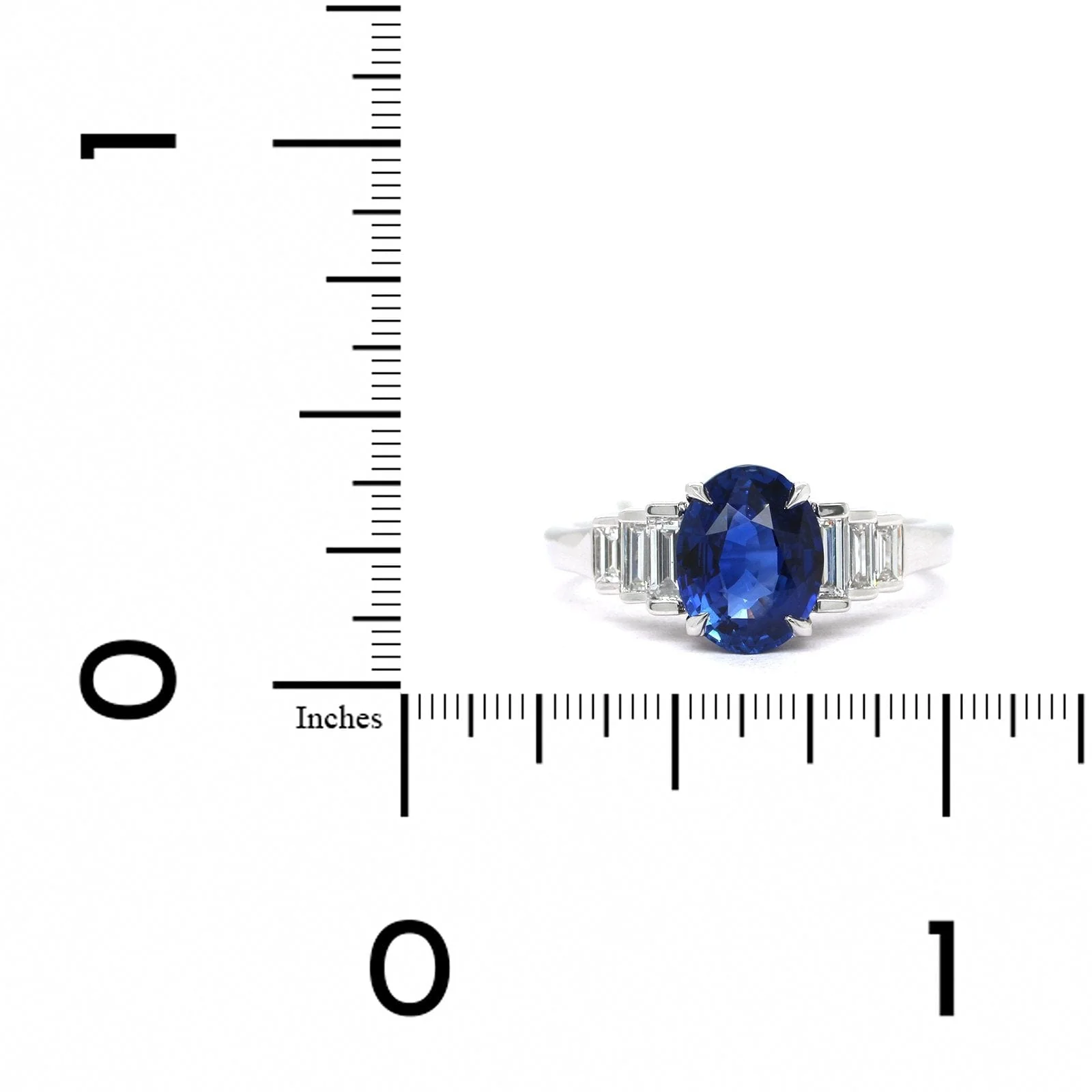 18K White Gold Oval Sapphire and Side Baguette Diamond Ring - Image 3