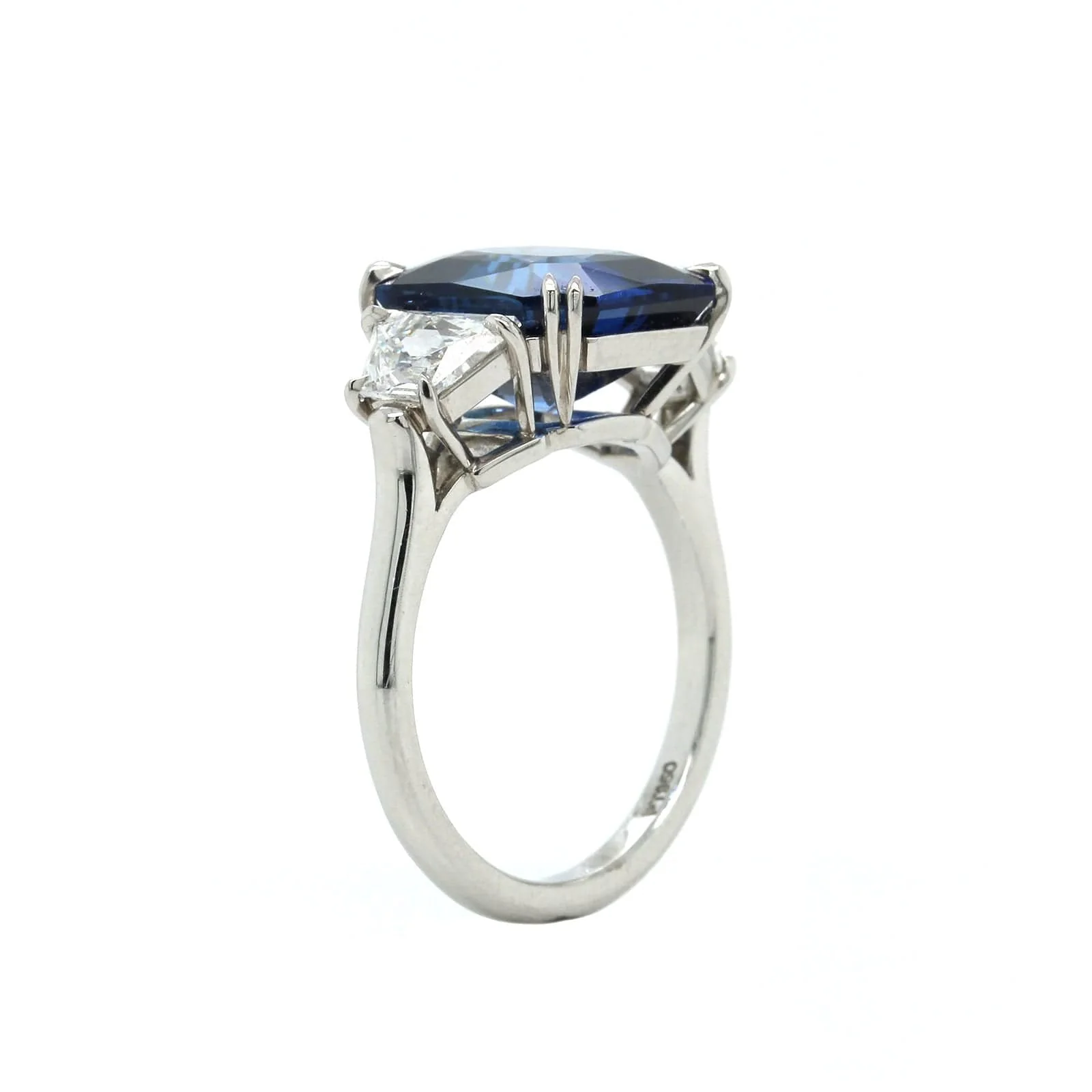 Platinum 3 Stone Emerald Cut Sapphire with Trap Diamond Ring - Image 2