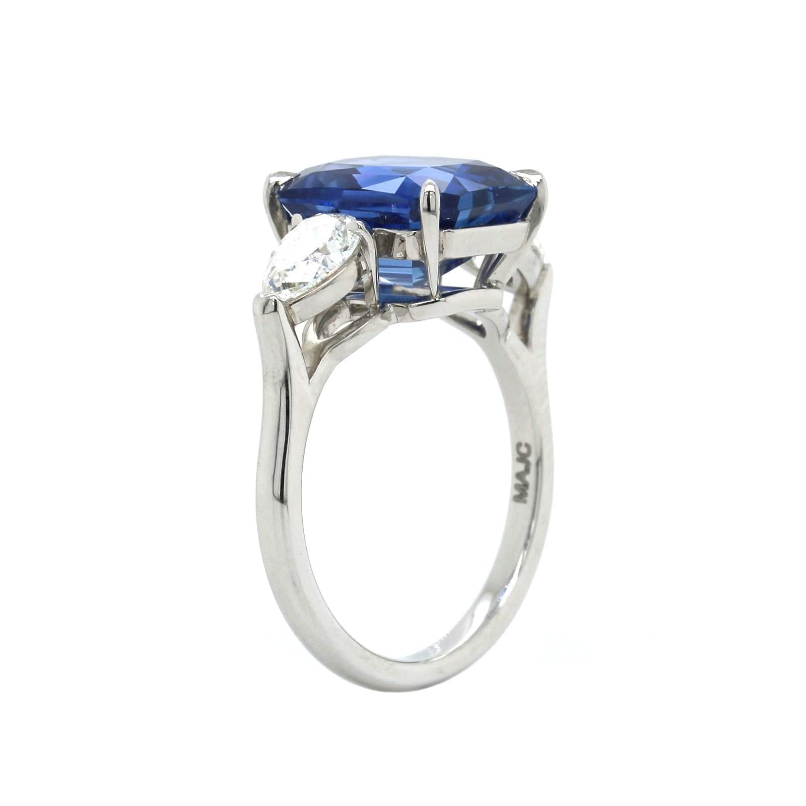 Platinum Emerald Cut Sapphire Pear Shape Diamond Ring - Image 2