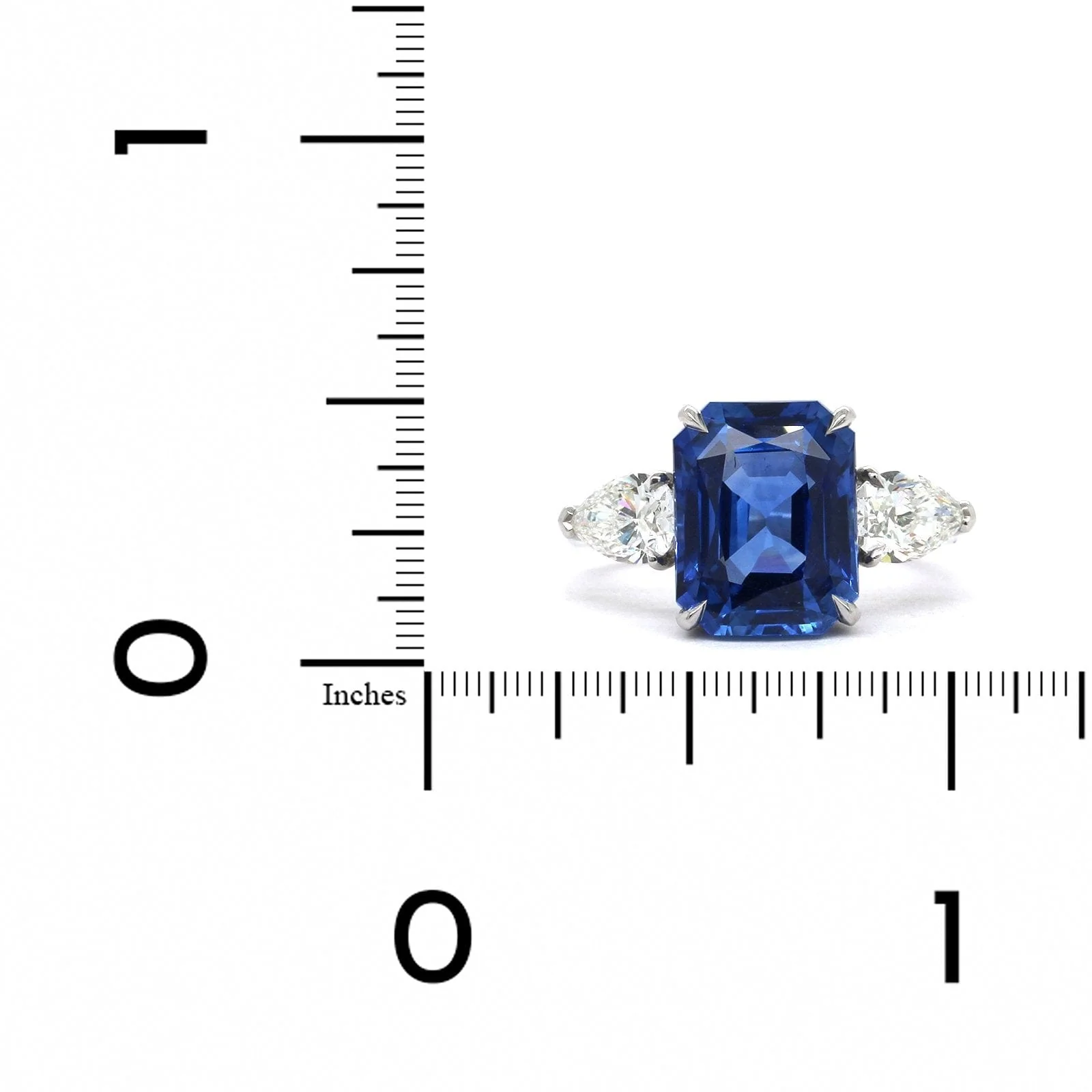 Platinum Emerald Cut Sapphire Pear Shape Diamond Ring - Image 3