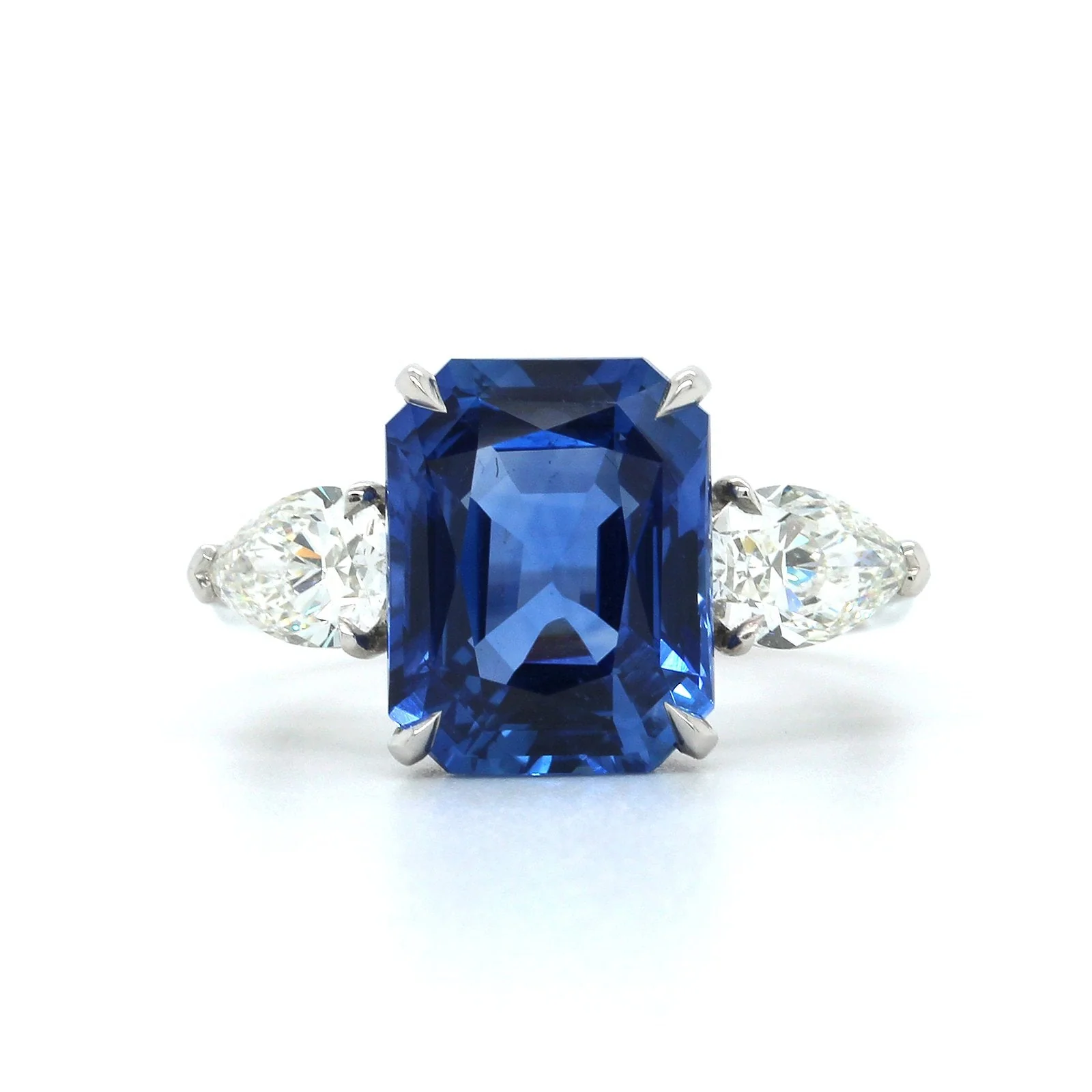 Platinum Emerald Cut Sapphire Pear Shape Diamond Ring - Image 4