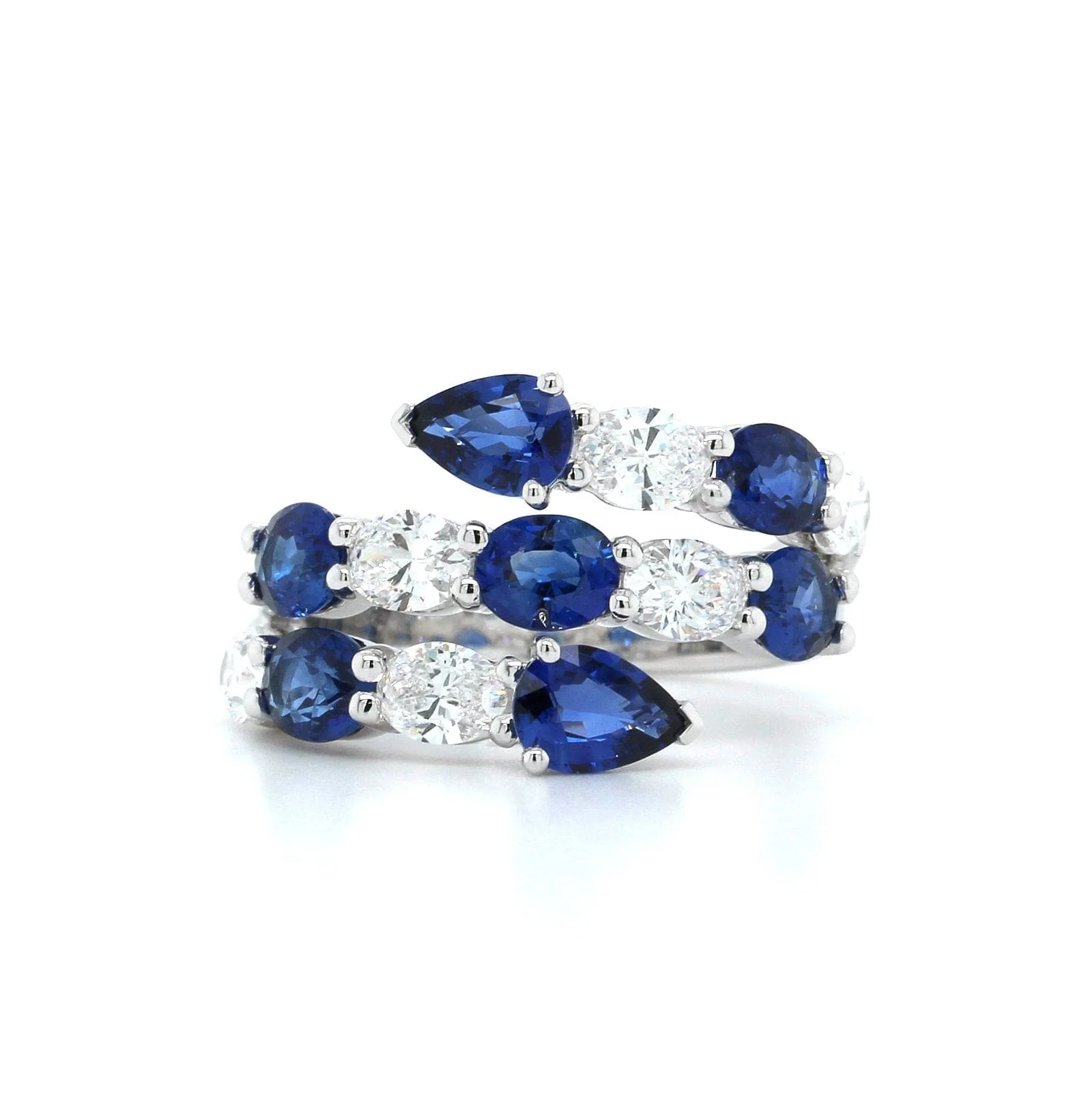 18K White Gold Sapphire and Diamond 3 Row Bypass Ring