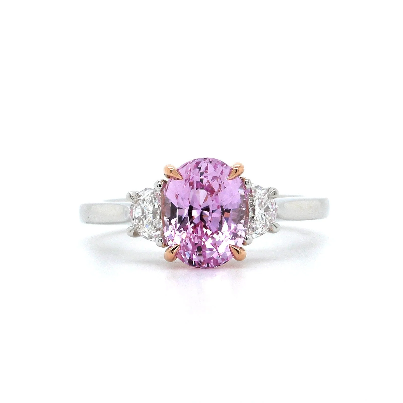 Platinum Oval Pink Sapphire Diamond 3 Stone Ring