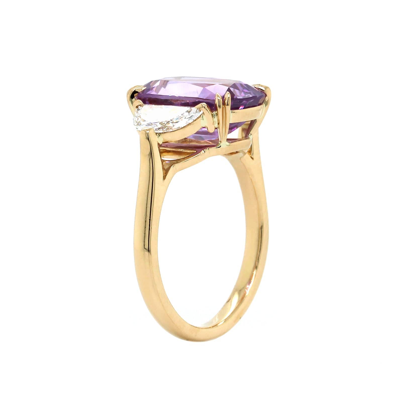 18K Yellow Gold Cushion Purple Sapphire Diamond 3 Stone Ring - Image 2