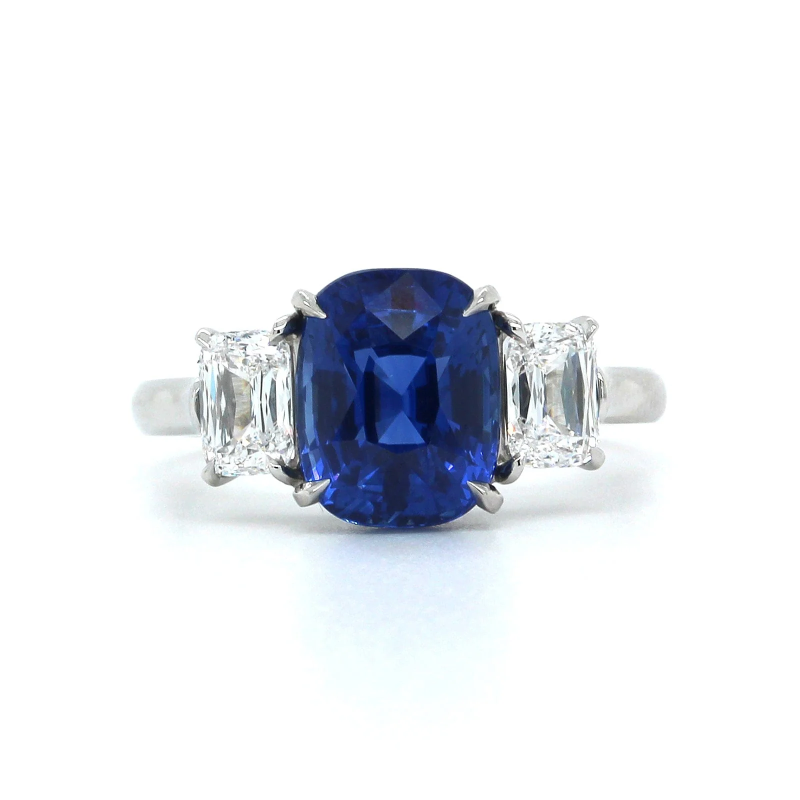Platinum Cushion Sapphire Diamond 3 Stone Ring - Image 4