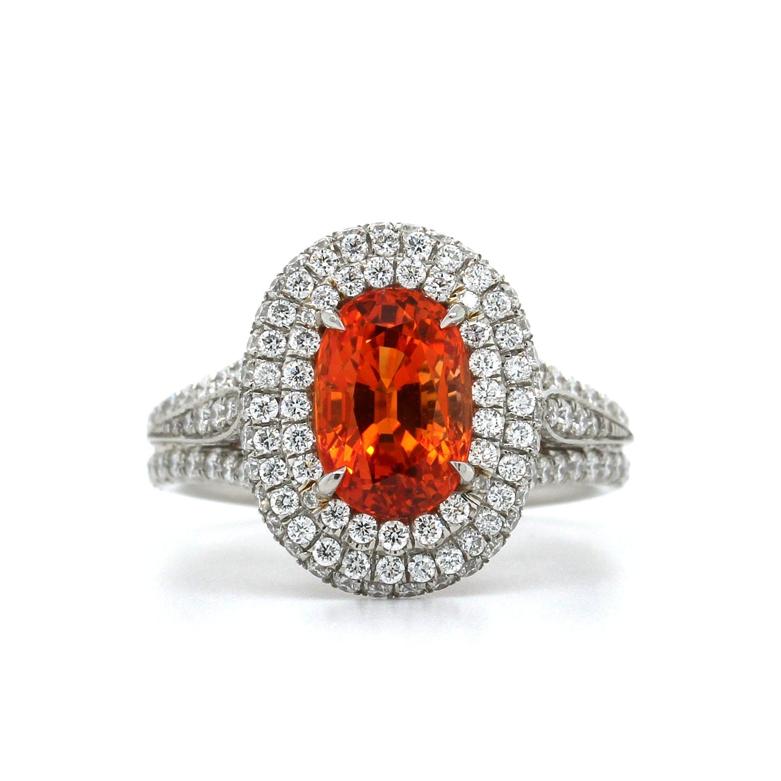 Platinum Oval Orange Sapphire Diamond Halo Ring