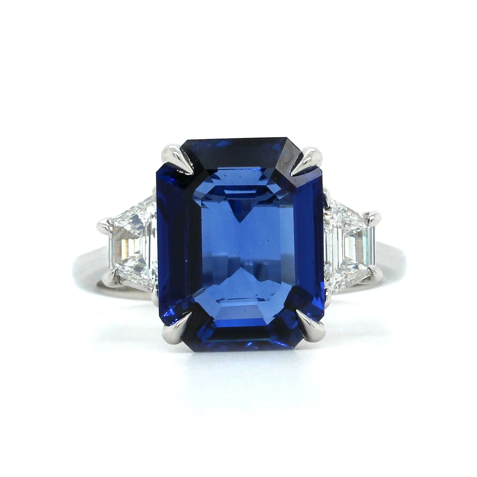 Platinum Emerald Cut Sapphire Diamond 3 Stone Ring
