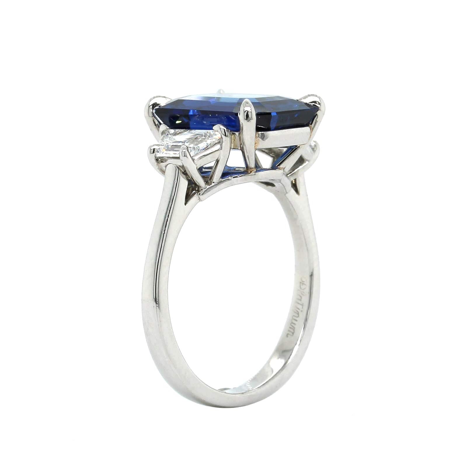 Platinum Emerald Cut Sapphire Diamond 3 Stone Ring - Image 2