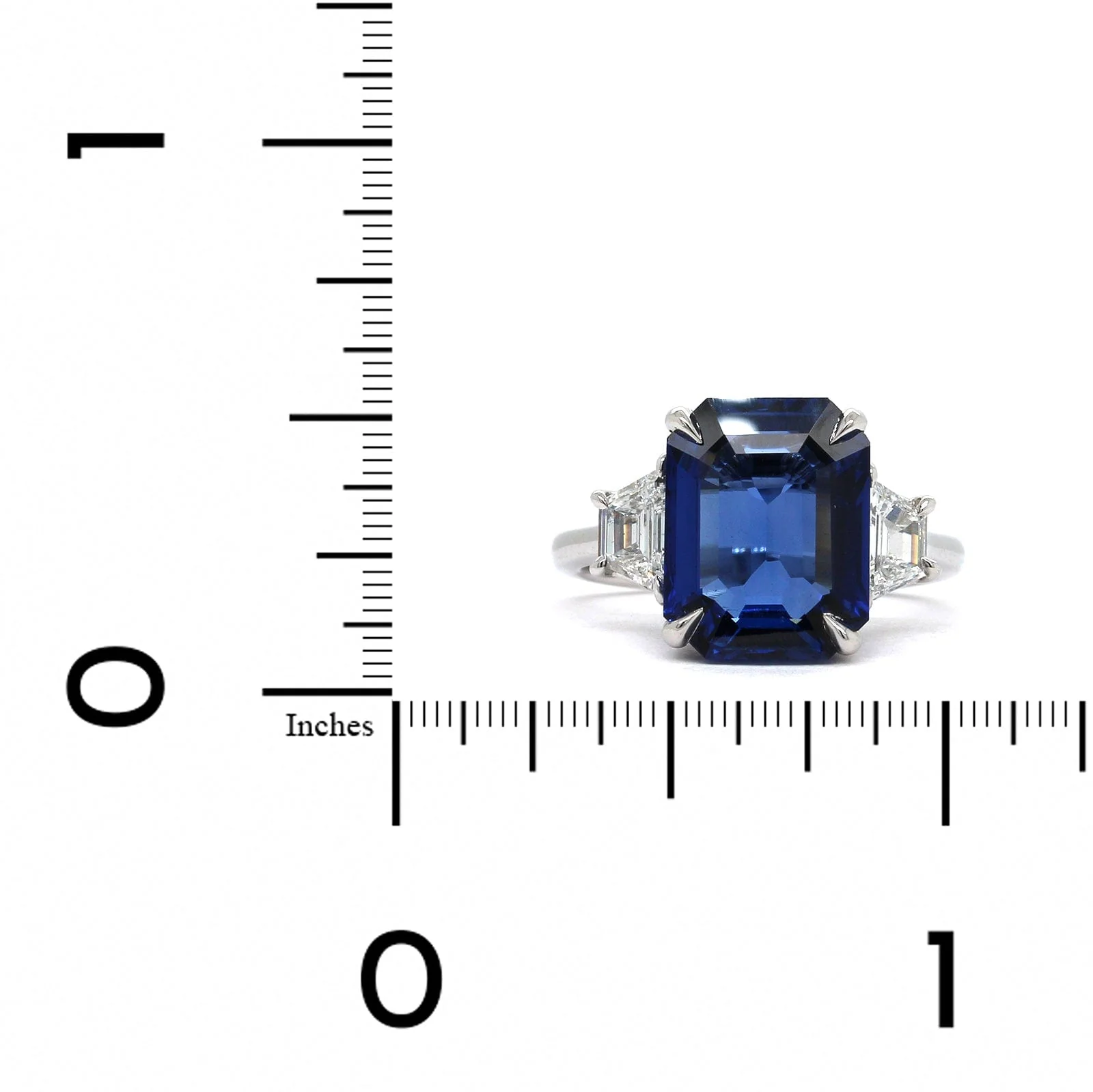 Platinum Emerald Cut Sapphire Diamond 3 Stone Ring - Image 3
