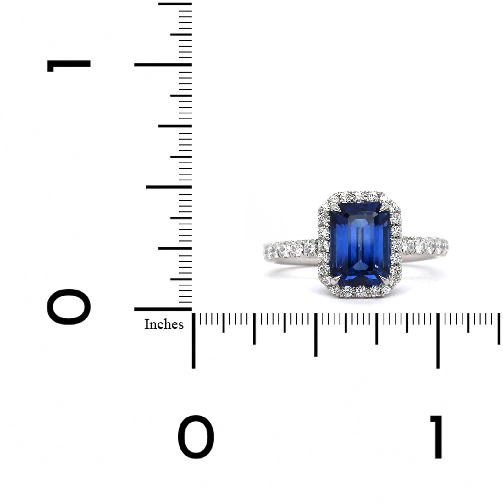 Platinum Emerald Cut Sapphire Diamond Halo Ring - Image 3