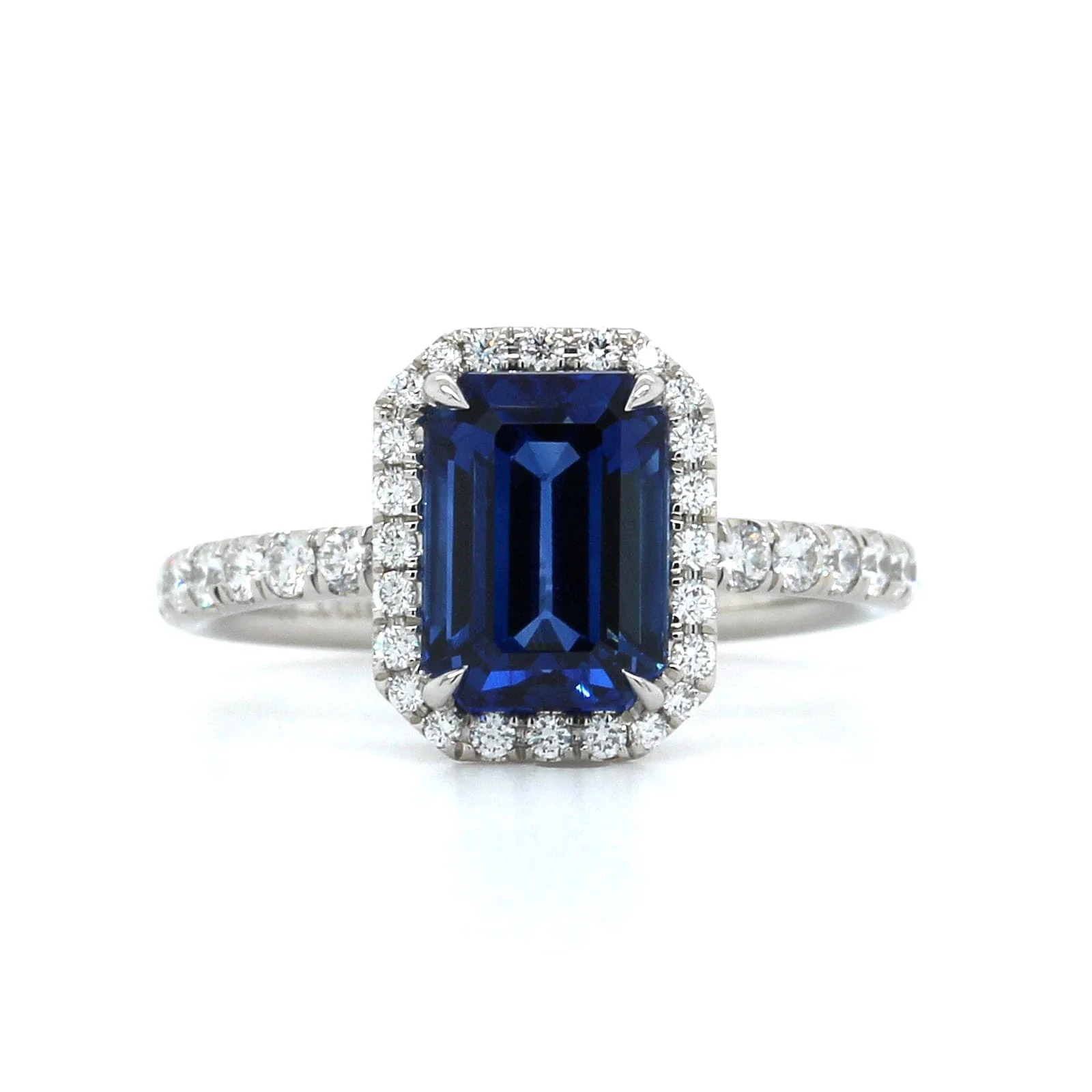 Platinum Emerald Cut Sapphire Diamond Halo Ring - Image 4