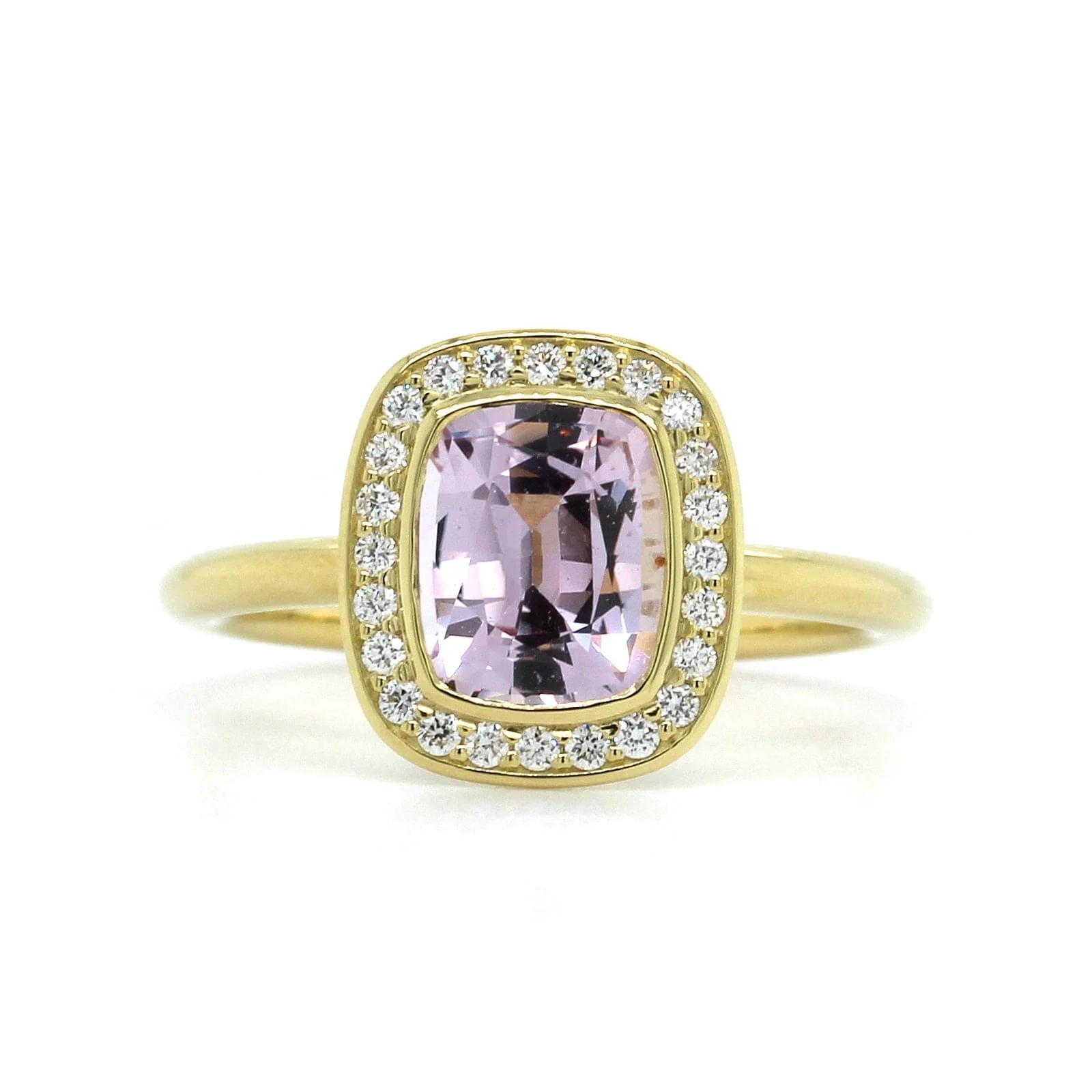 18K Yellow Gold Pink Sapphire Diamond Halo Ring
