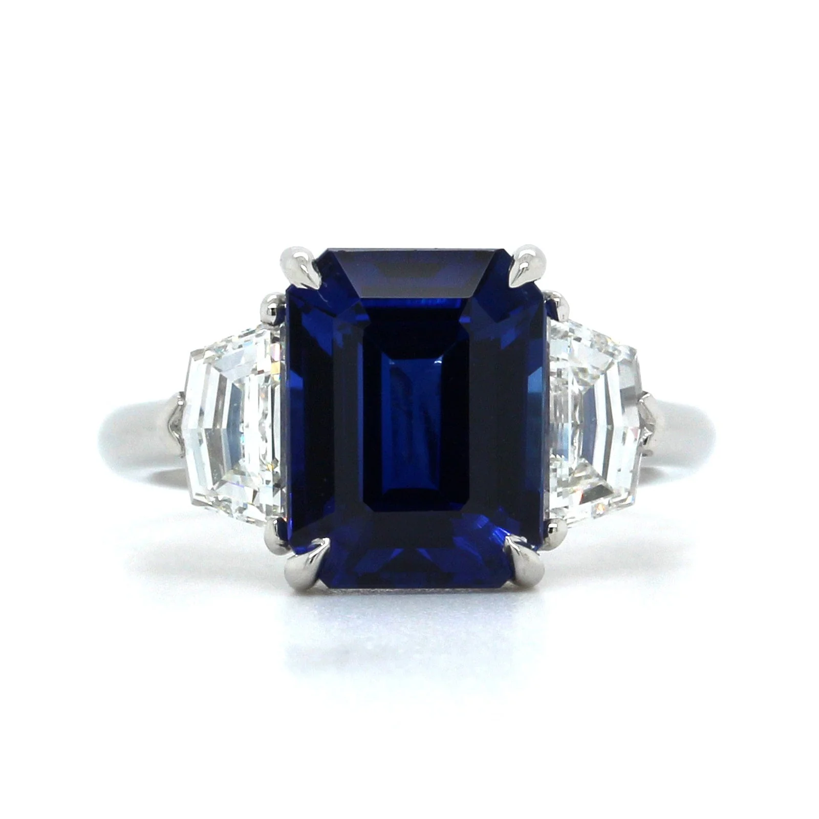 Platinum Emerald Cut Sapphire Diamond 3 Stone Ring