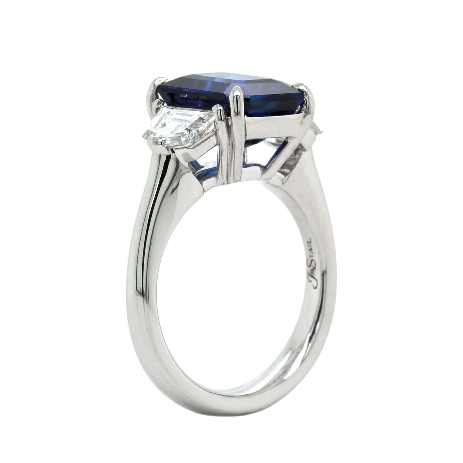 Platinum Emerald Cut Sapphire Diamond 3 Stone Ring - Image 2