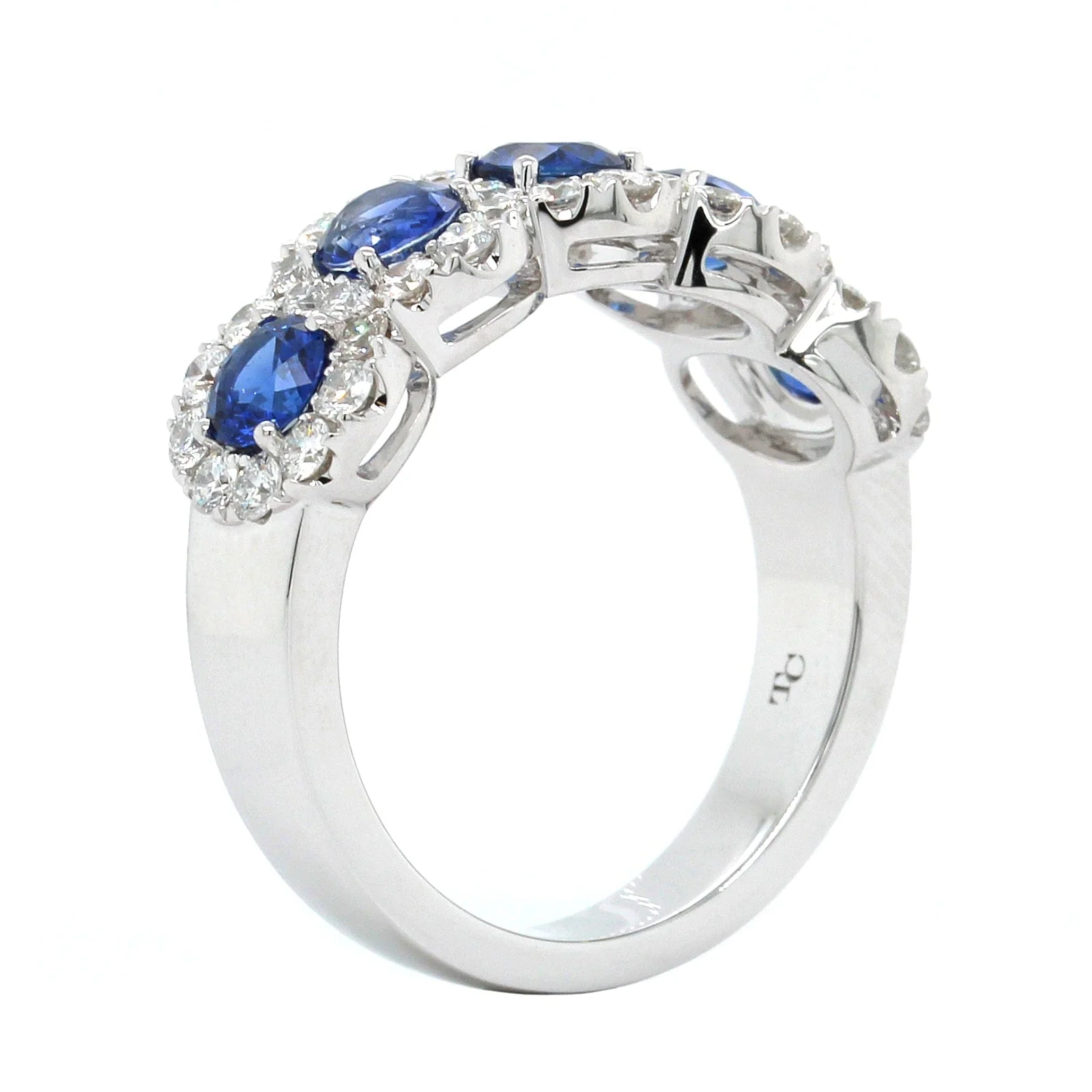18K White Gold 5 Stone Sapphire Diamond Halo Band - Image 2