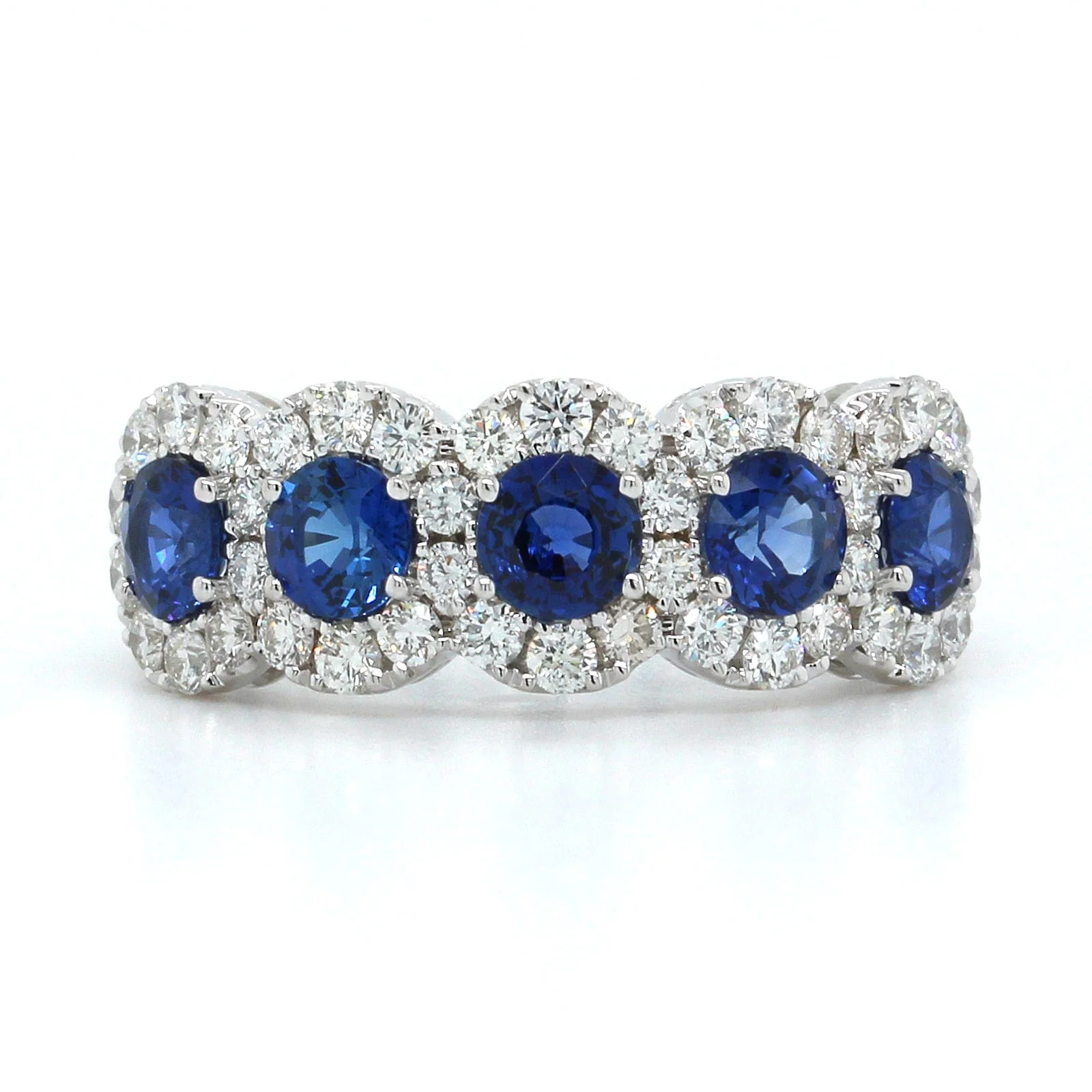 18K White Gold 5 Stone Sapphire Diamond Halo Band - Image 4