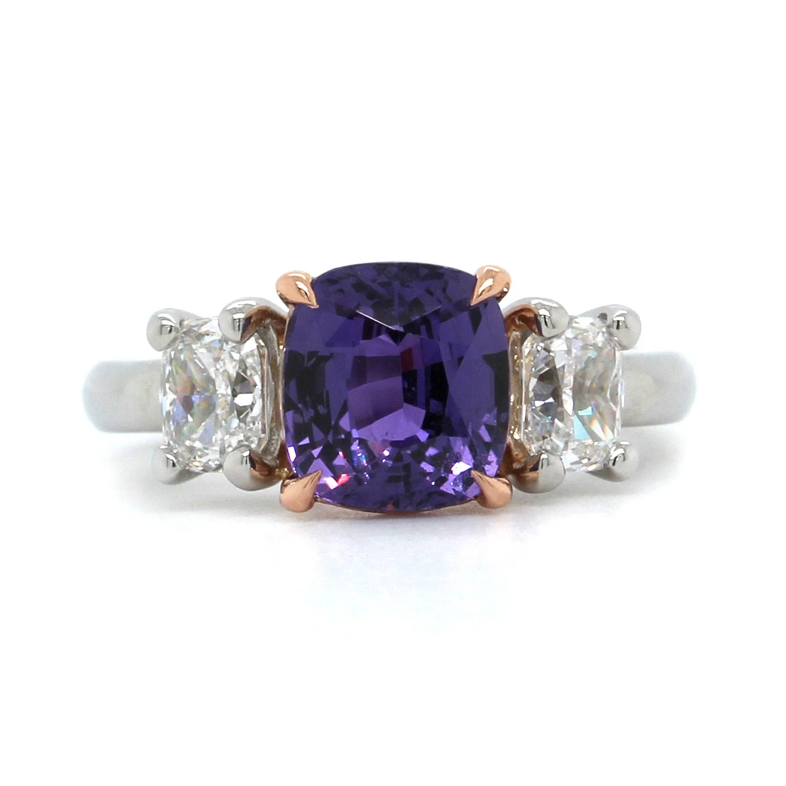 Platinum Cushion Purple Sapphire Diamond 3 Stone Ring