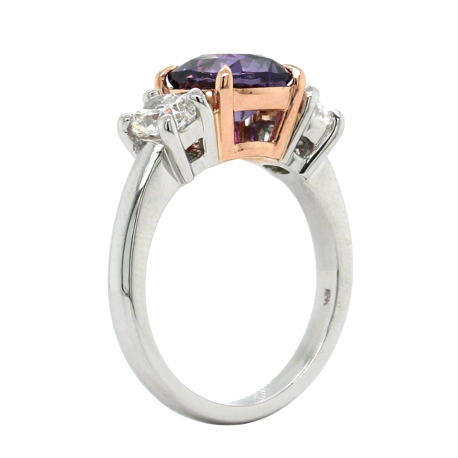 Platinum Cushion Purple Sapphire Diamond 3 Stone Ring - Image 2