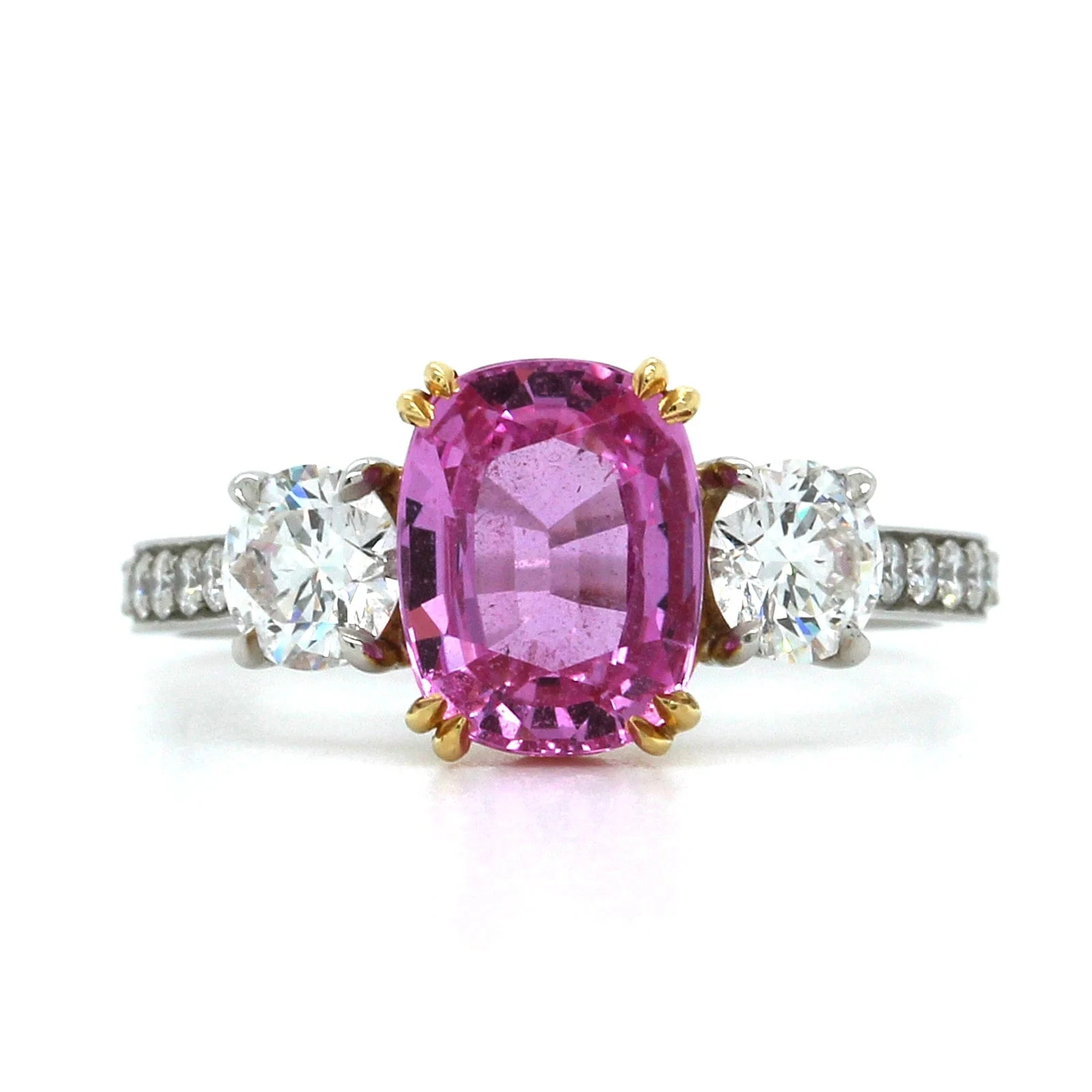 Platinum and 18K Yellow Gold 3 Stone Pink Sapphire Diamond Ring