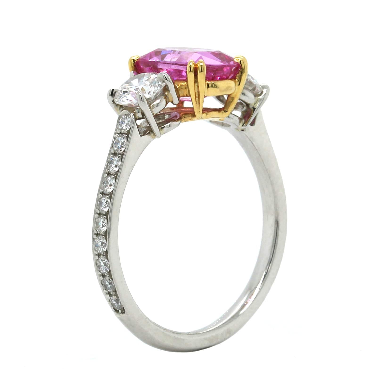 Platinum and 18K Yellow Gold 3 Stone Pink Sapphire Diamond Ring - Image 2