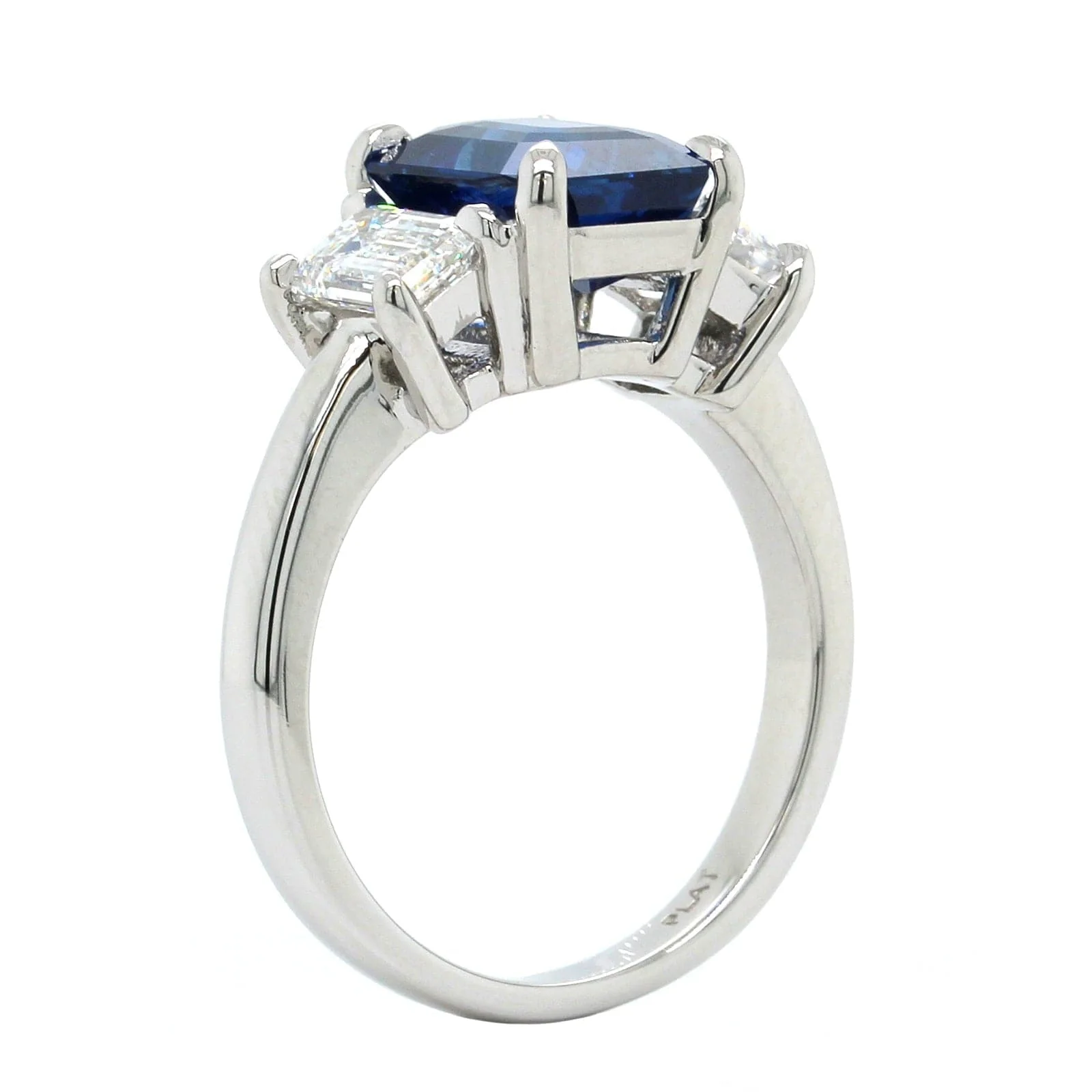 Platinum Emerald Cut Sapphire Diamond 3 Stone Ring - Image 2