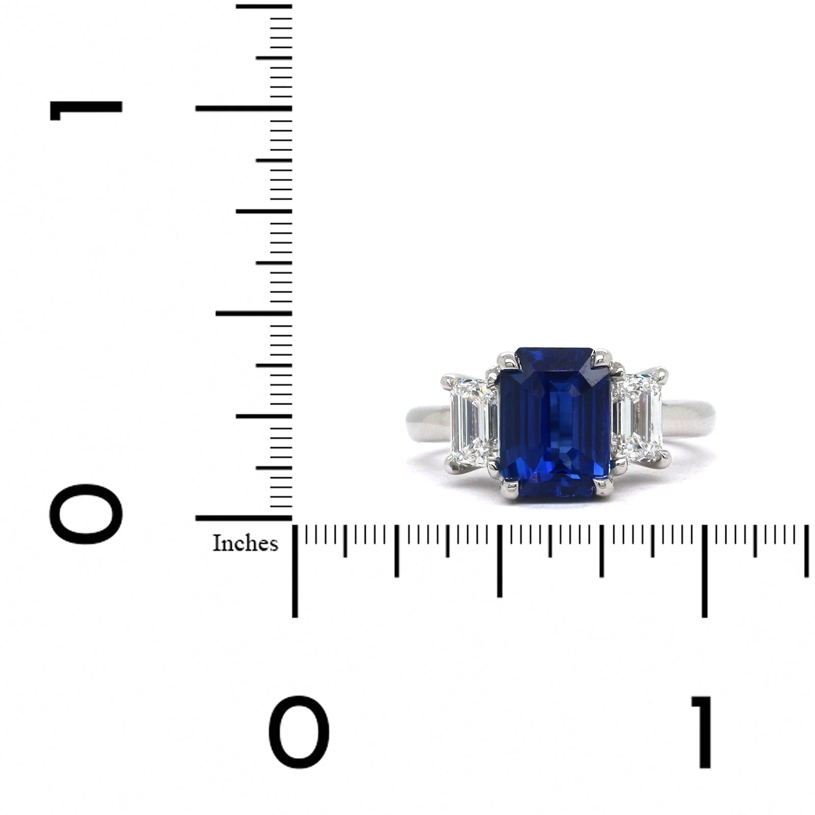 Platinum Emerald Cut Sapphire Diamond 3 Stone Ring - Image 3