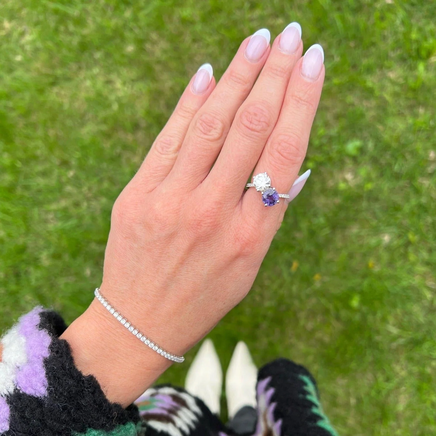 Platinum 2 Stone Diamond and Sapphire Ring - Image 2