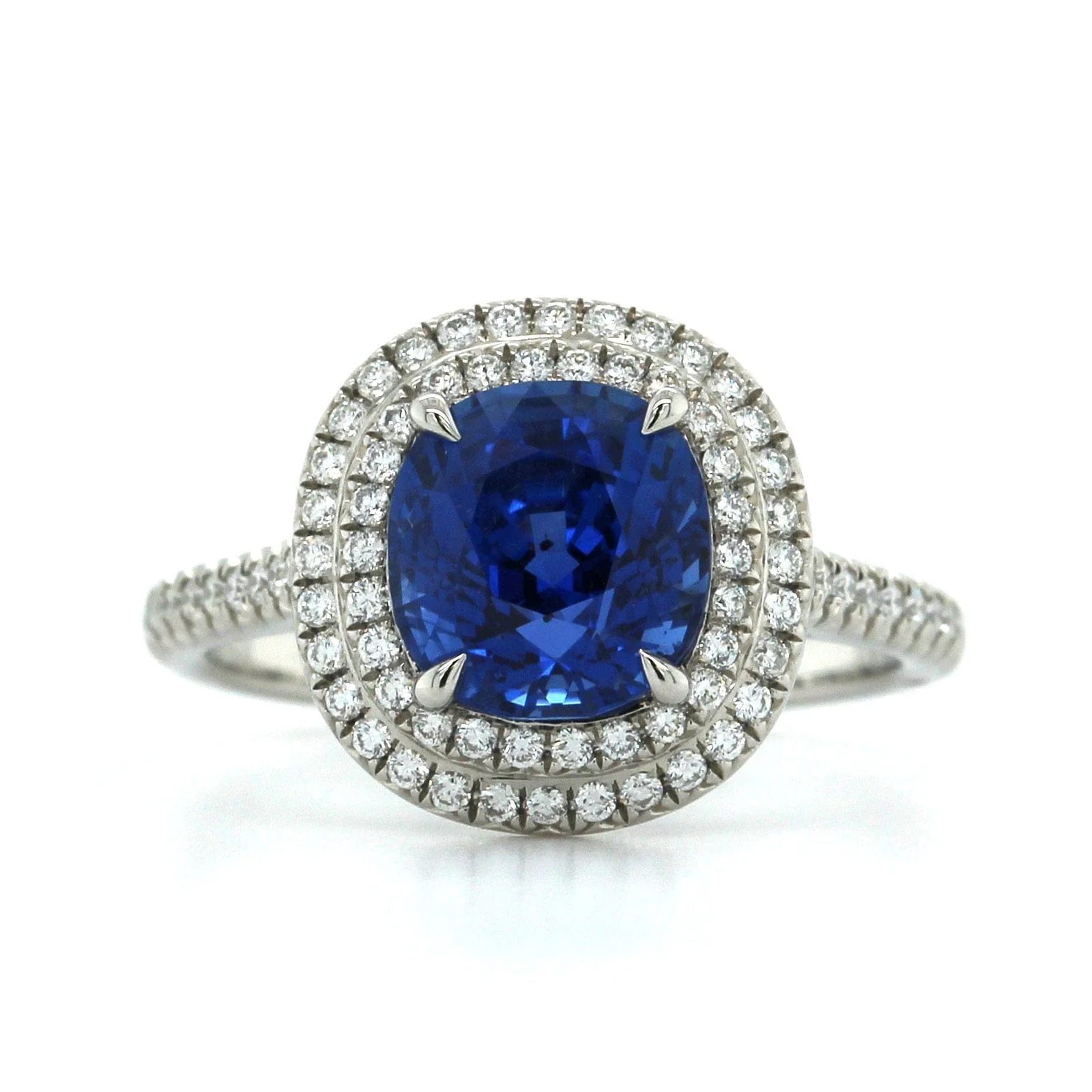 Platinum Cushion Sapphire Double Diamond Halo Ring - Image 4