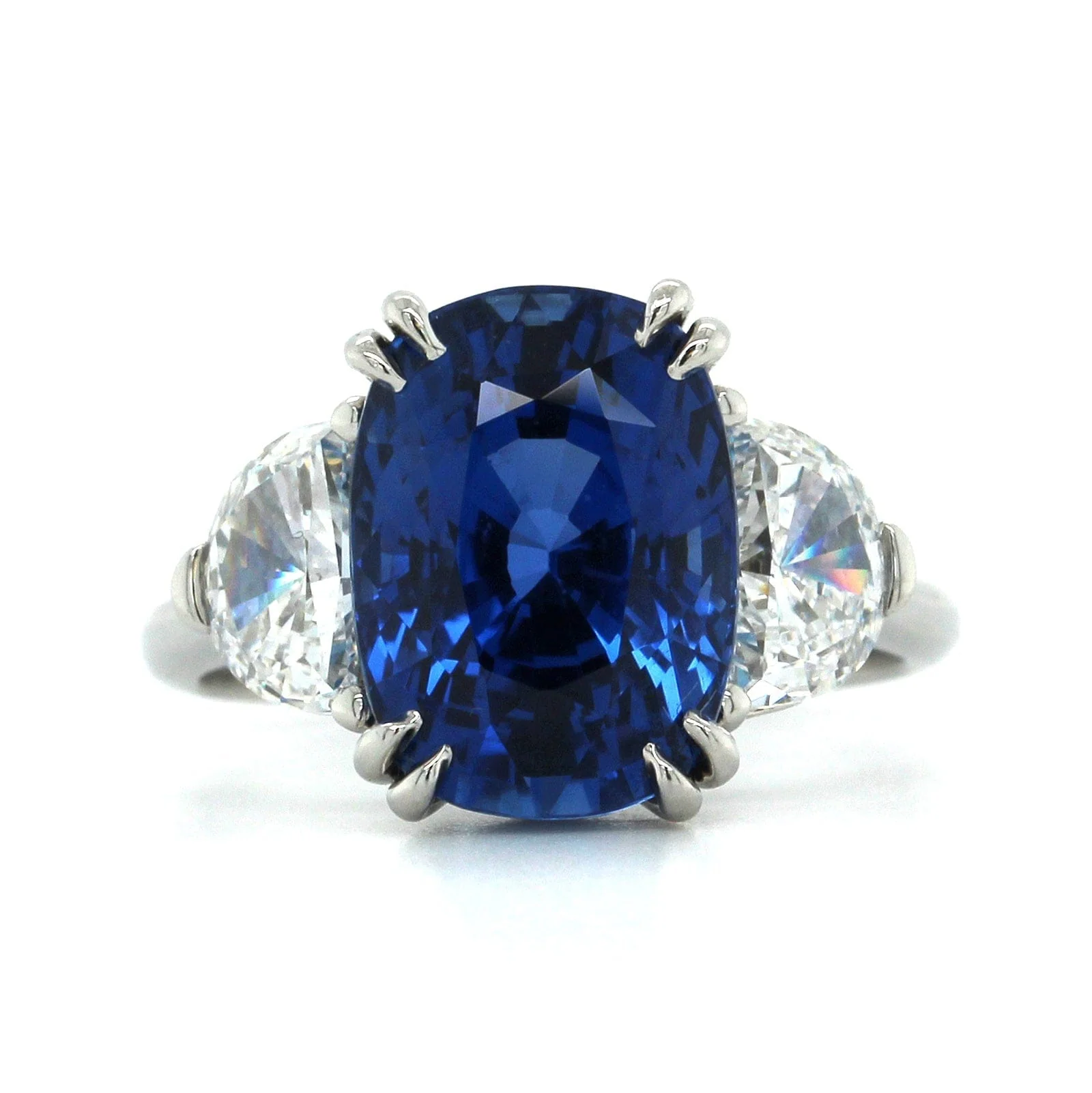 Platinum 3 Stone Cushion Sapphire Diamond Ring