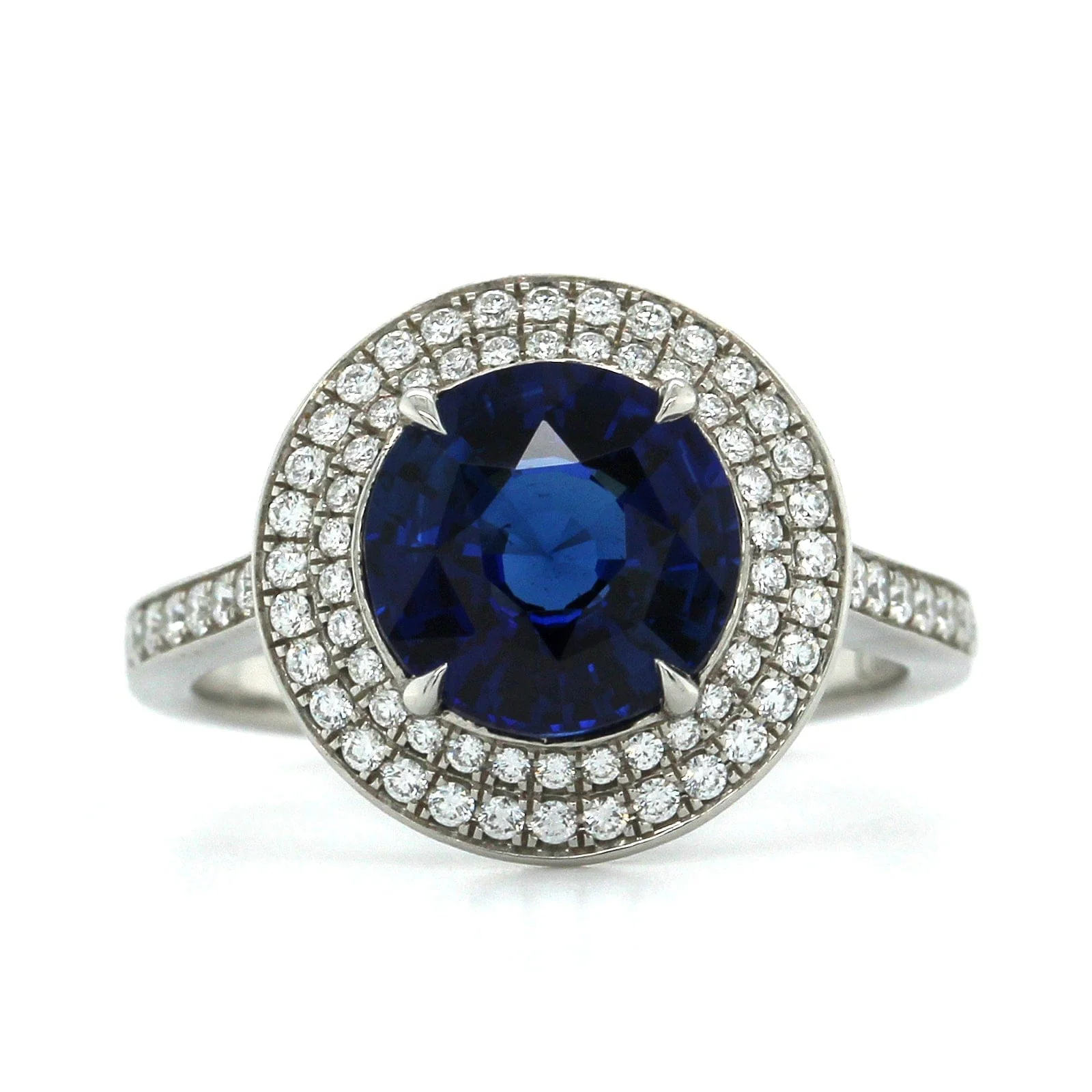Platinum Round Sapphire Double Diamond Halo Ring