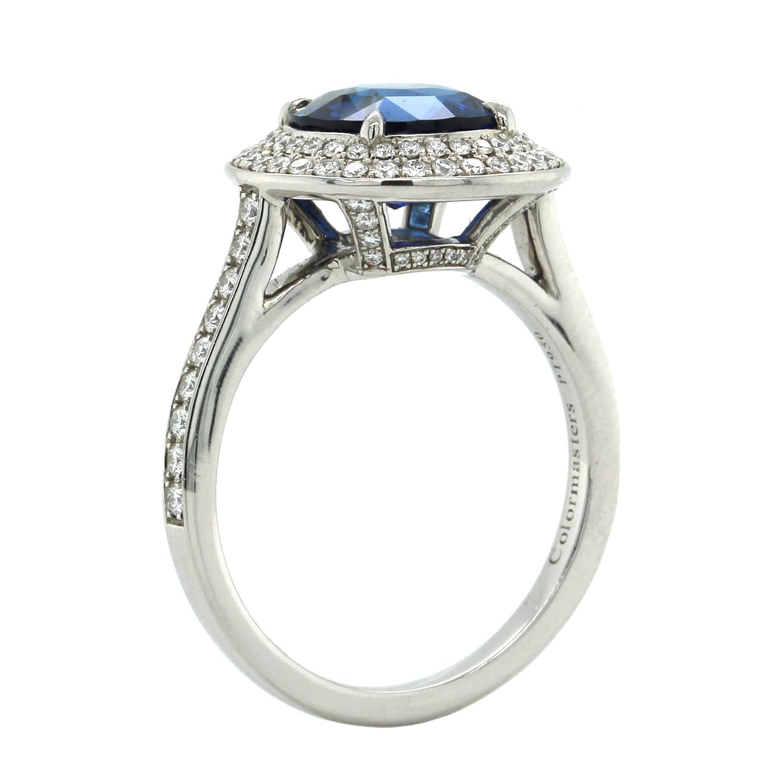 Platinum Round Sapphire Double Diamond Halo Ring - Image 2