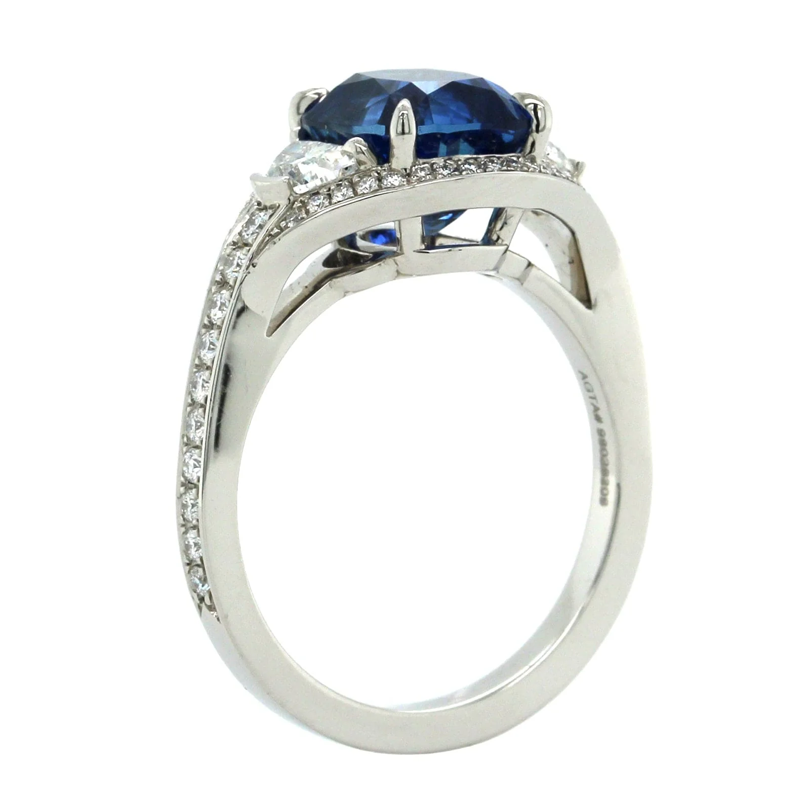 Platinum 3 Stone Cushion Sapphire Diamond Ring - Image 2